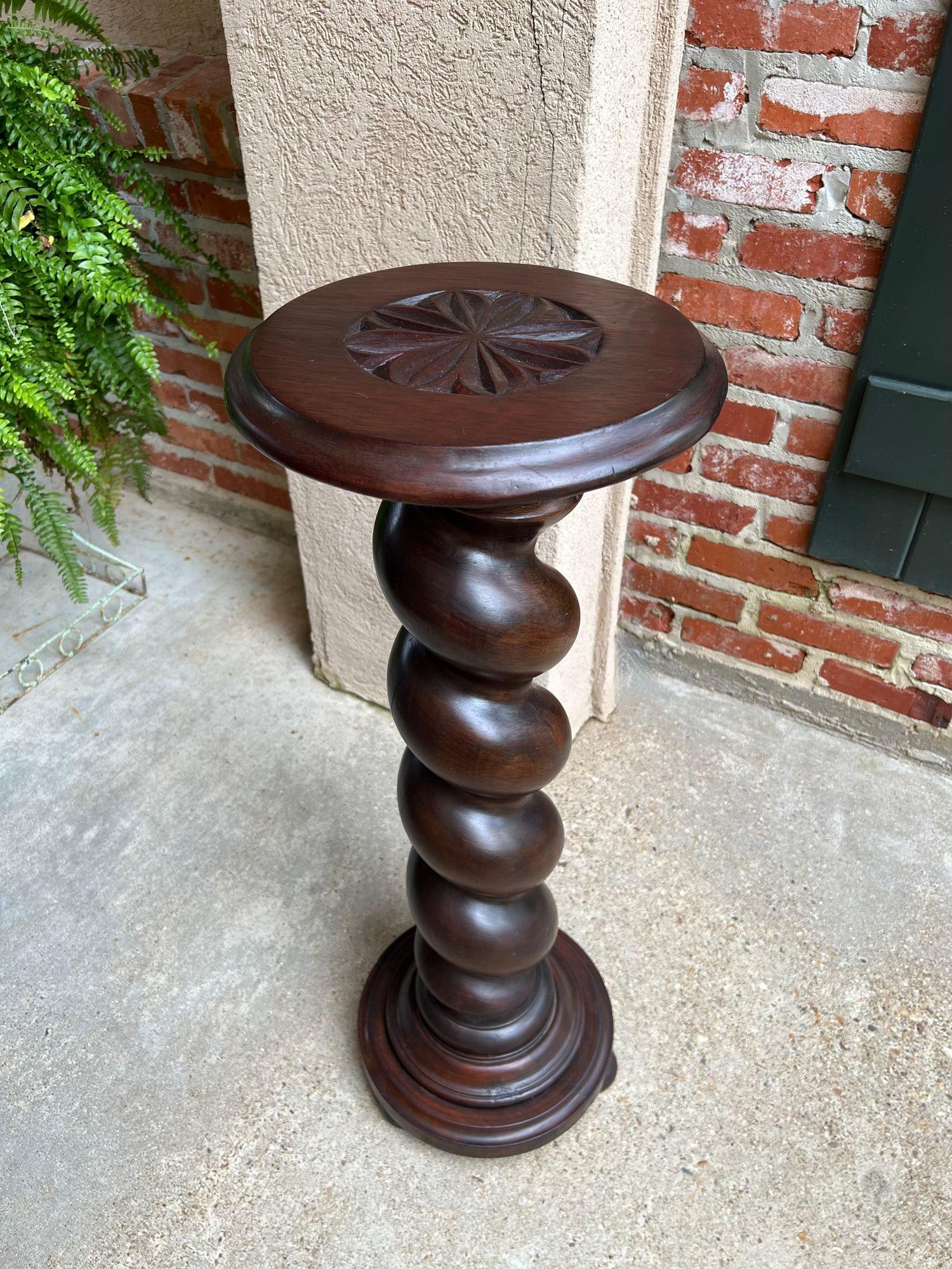 French Provincial Antique French Pedestal Stand Barley Twist Carved Oak Round Plant Display Column