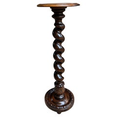 Antique French Pedestal Stand Barley Twist Carved Oak Round Plant Display Column