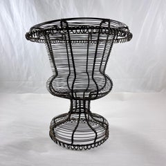 Antique French Pedestal Urn Hand Made Black Twisted Wire Basket, Late 19th C