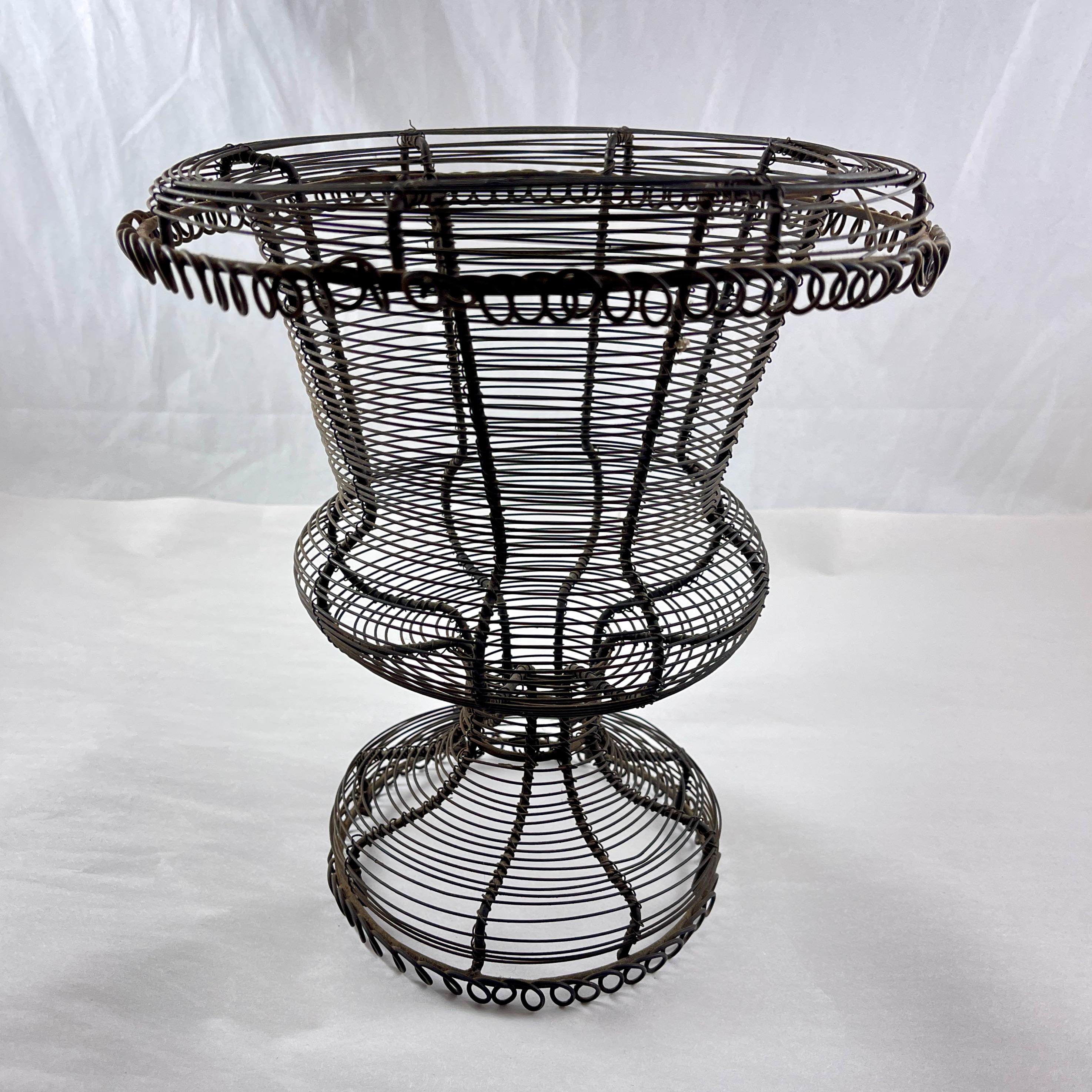 French Provincial Antique French Pedestal Urn Hand Made Black Twisted Wire Basket, Late 19th C For Sale