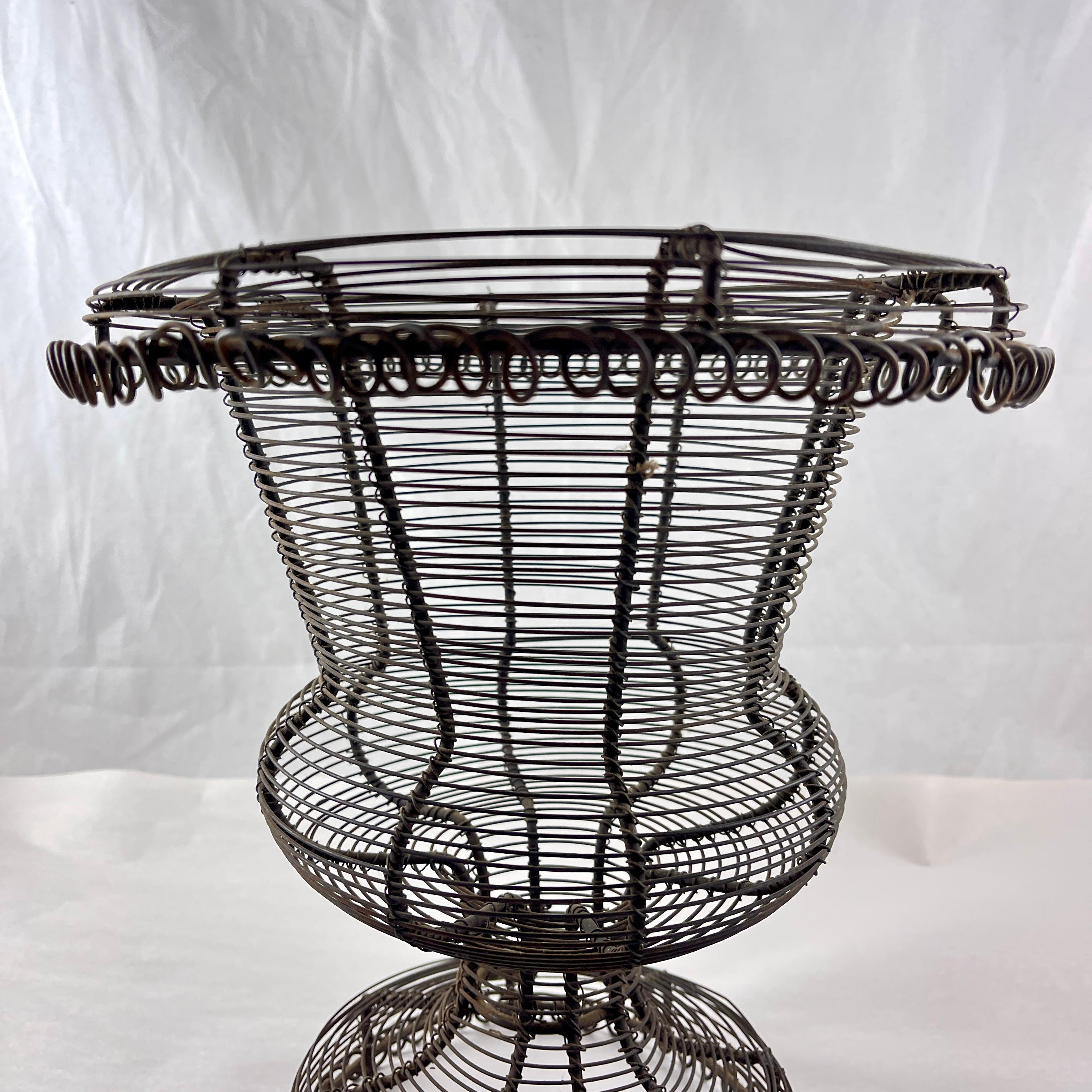 Antique French Pedestal Urn Hand Made Black Twisted Wire Basket, Late 19th C In Good Condition For Sale In Philadelphia, PA