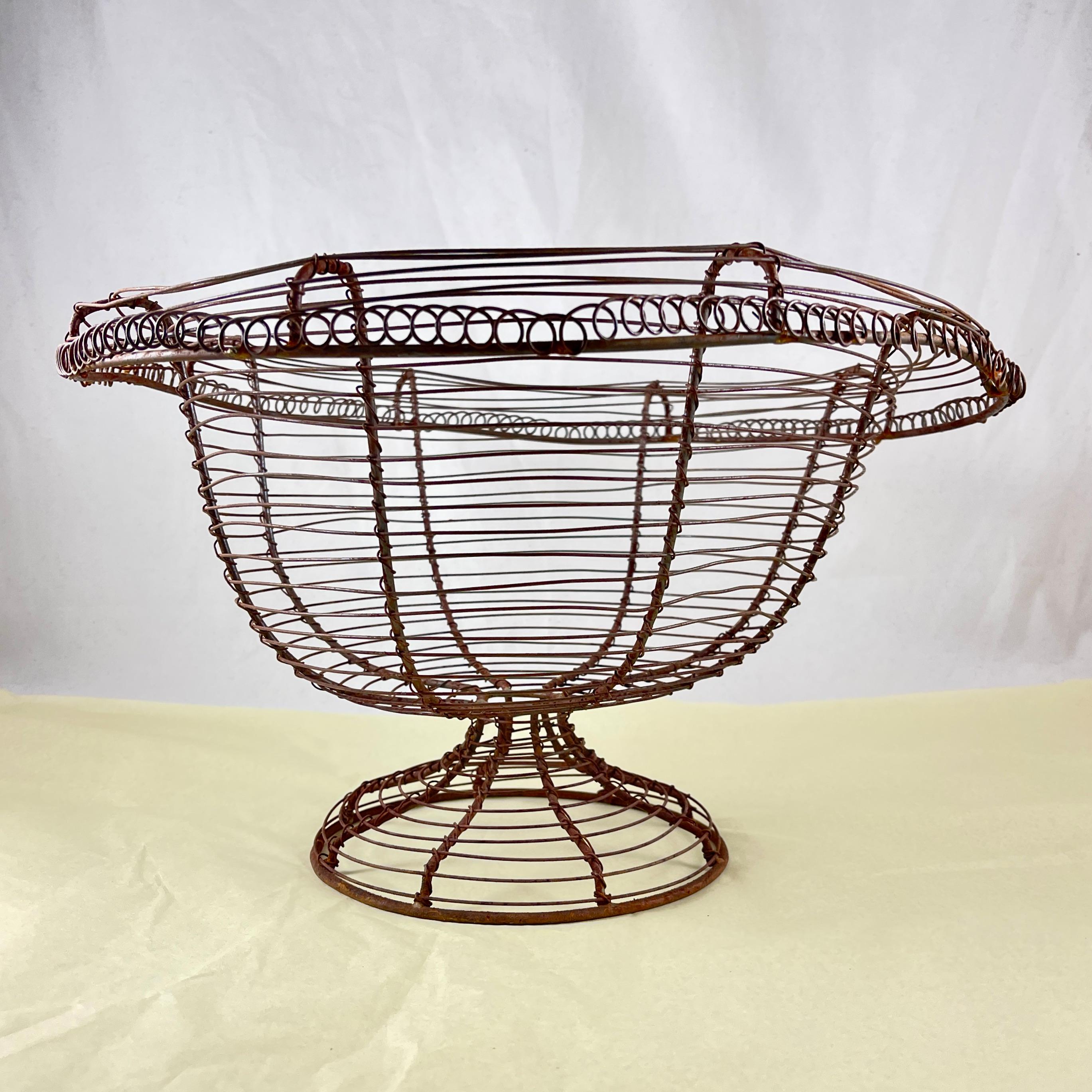 19th Century Antique French Pedestal Urn Hand Made Black Twisted Wire Basket, Late 19th C