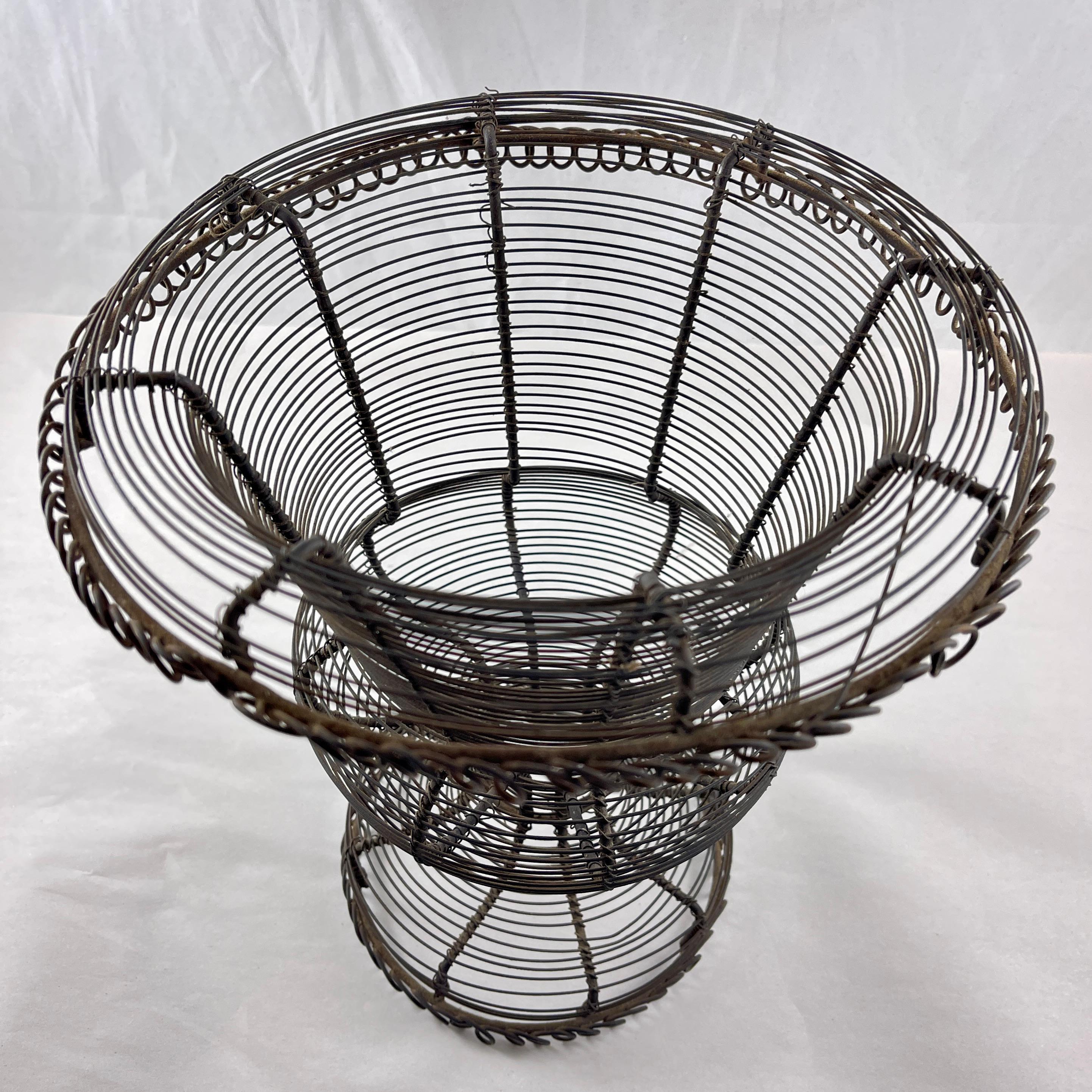 19th Century Antique French Pedestal Urn Hand Made Black Twisted Wire Basket, Late 19th C For Sale