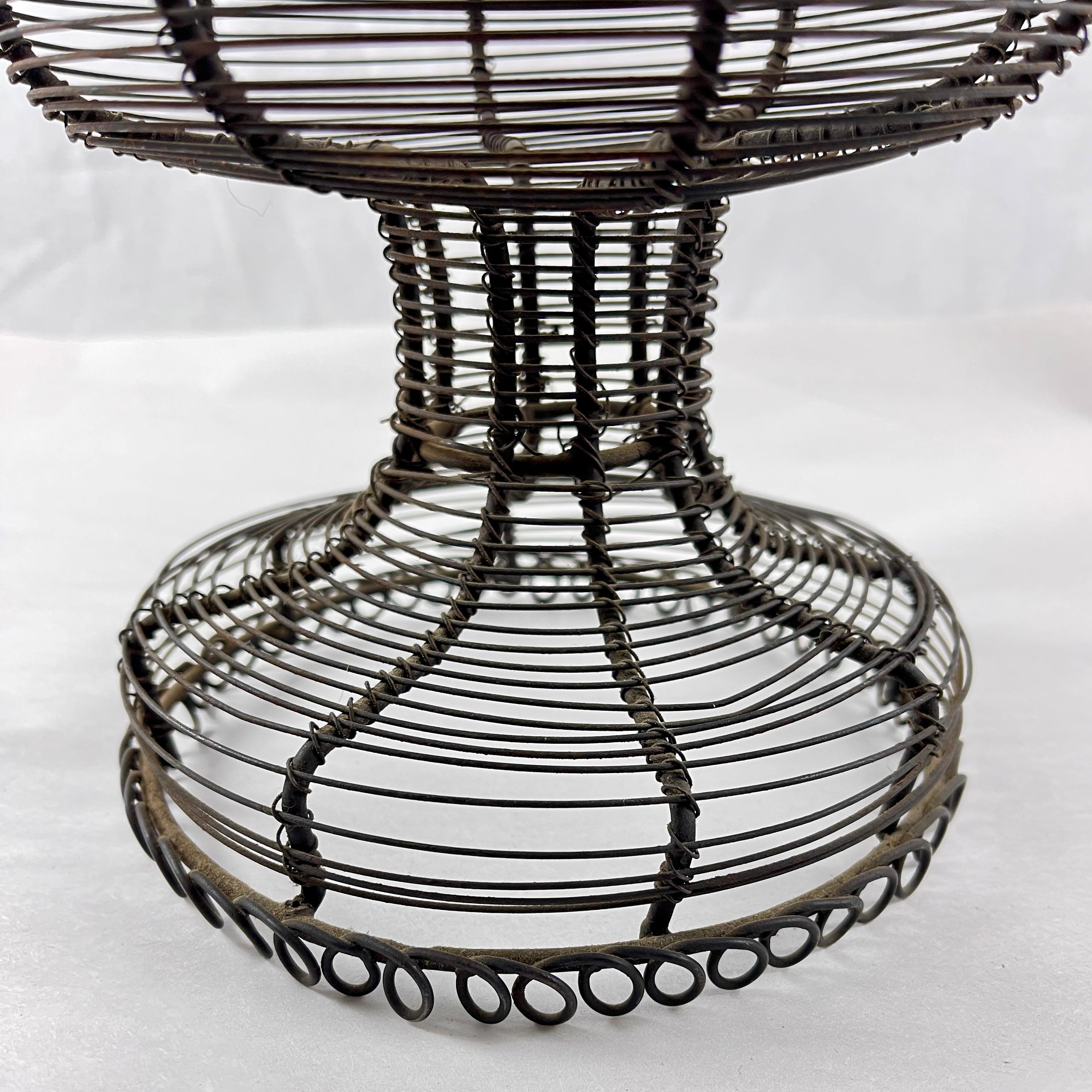 Metal Antique French Pedestal Urn Hand Made Black Twisted Wire Basket, Late 19th C For Sale