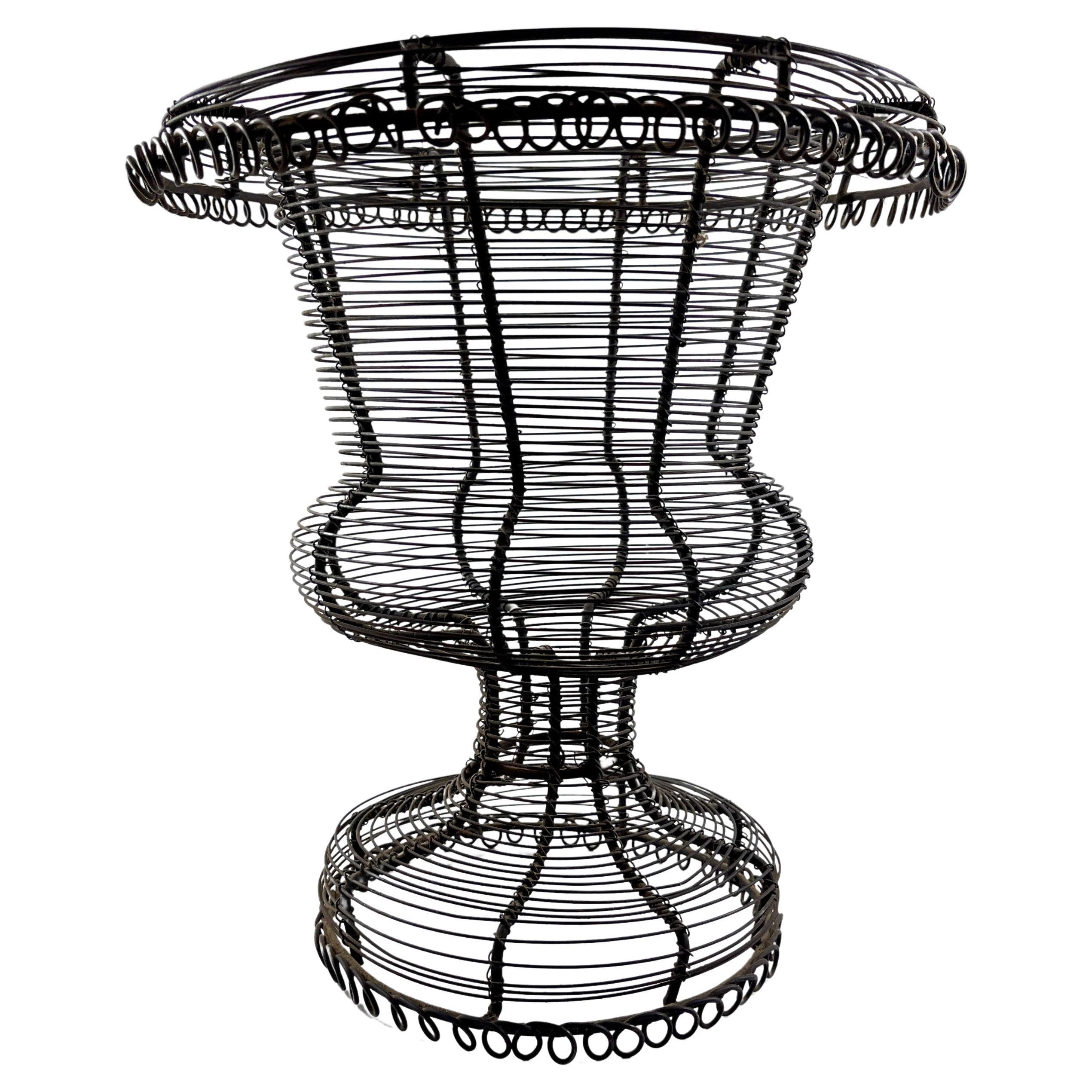 Antique French Pedestal Urn Hand Made Black Twisted Wire Basket, Late 19th C