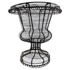 Vintage French Pedestal Urn Hand Made Black Twisted Wire Basket, Late 19th C