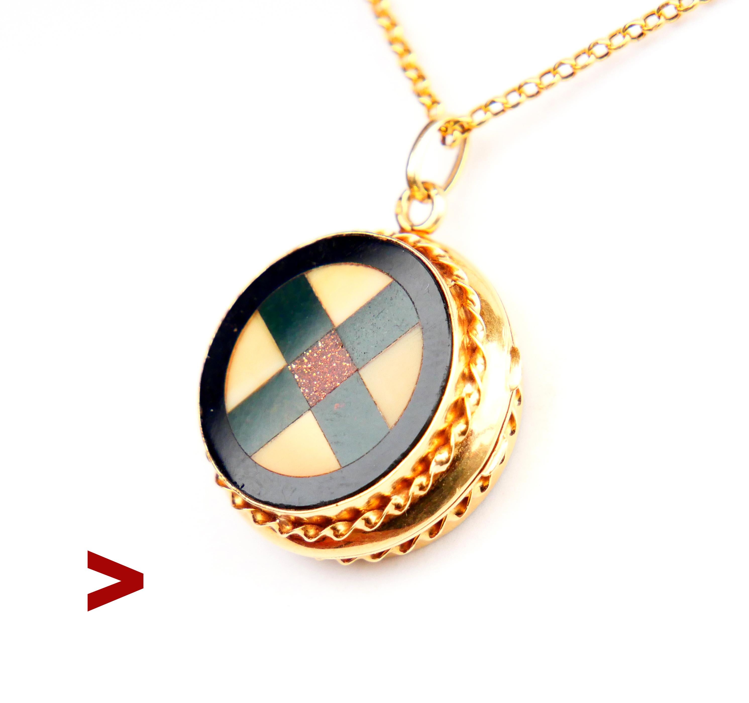 Antique French Pendant/Locket in solid 18K Yellow Gold with micro-mosaic Cross ornaments on both inlayed with different semiprecious stones with great accuracy and precision. Stones that I easily recognize are Sun-stone , Blood-stone ,Black Onyx and