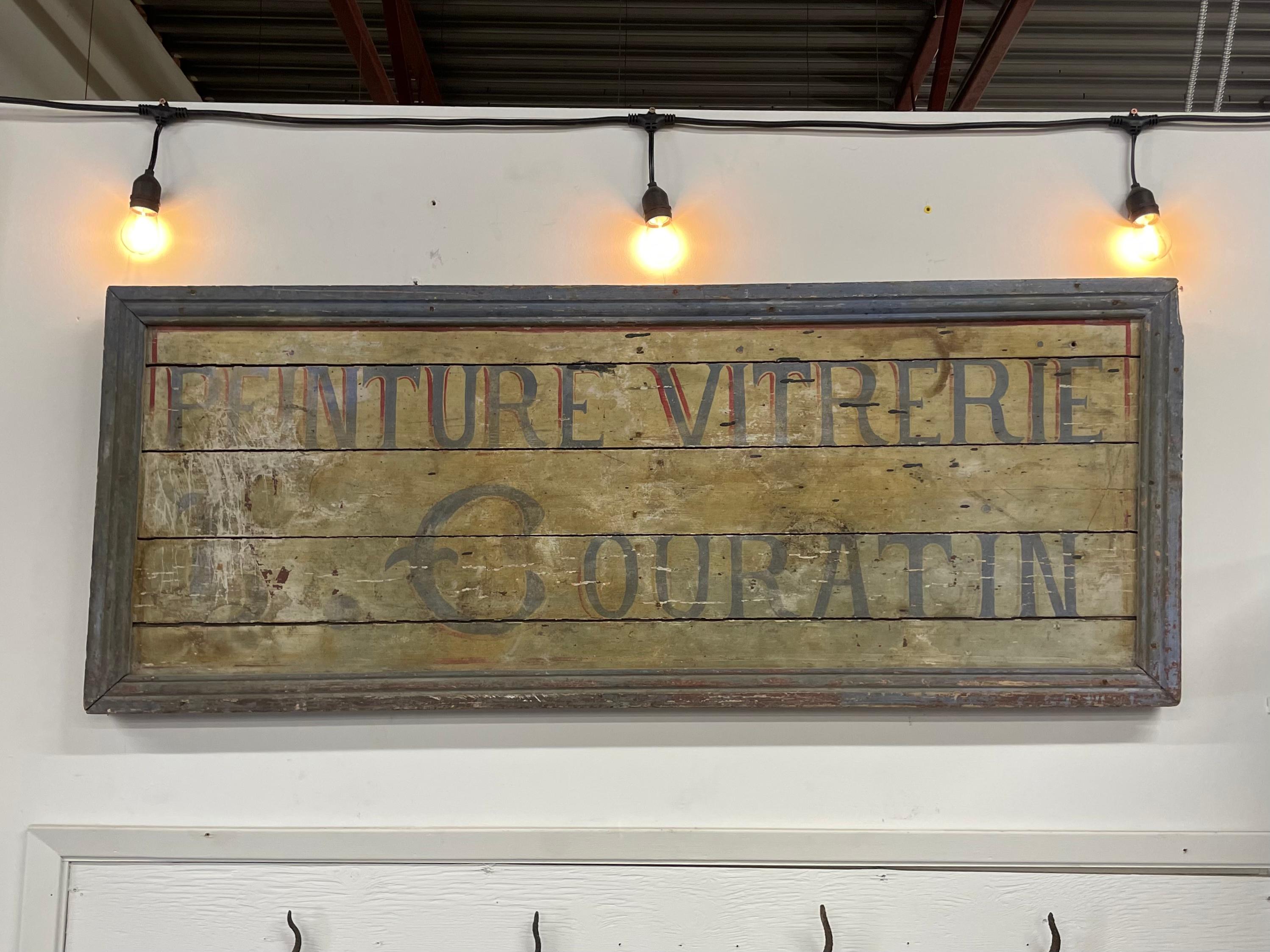 A wonderful French antique Penture Vitrerie (Painter and Glazing) advertising sign by M. Couratin. Lovely distressed original finish.

Antique and vintage advertising signs can add warmth, rusticity and personality to any space.  