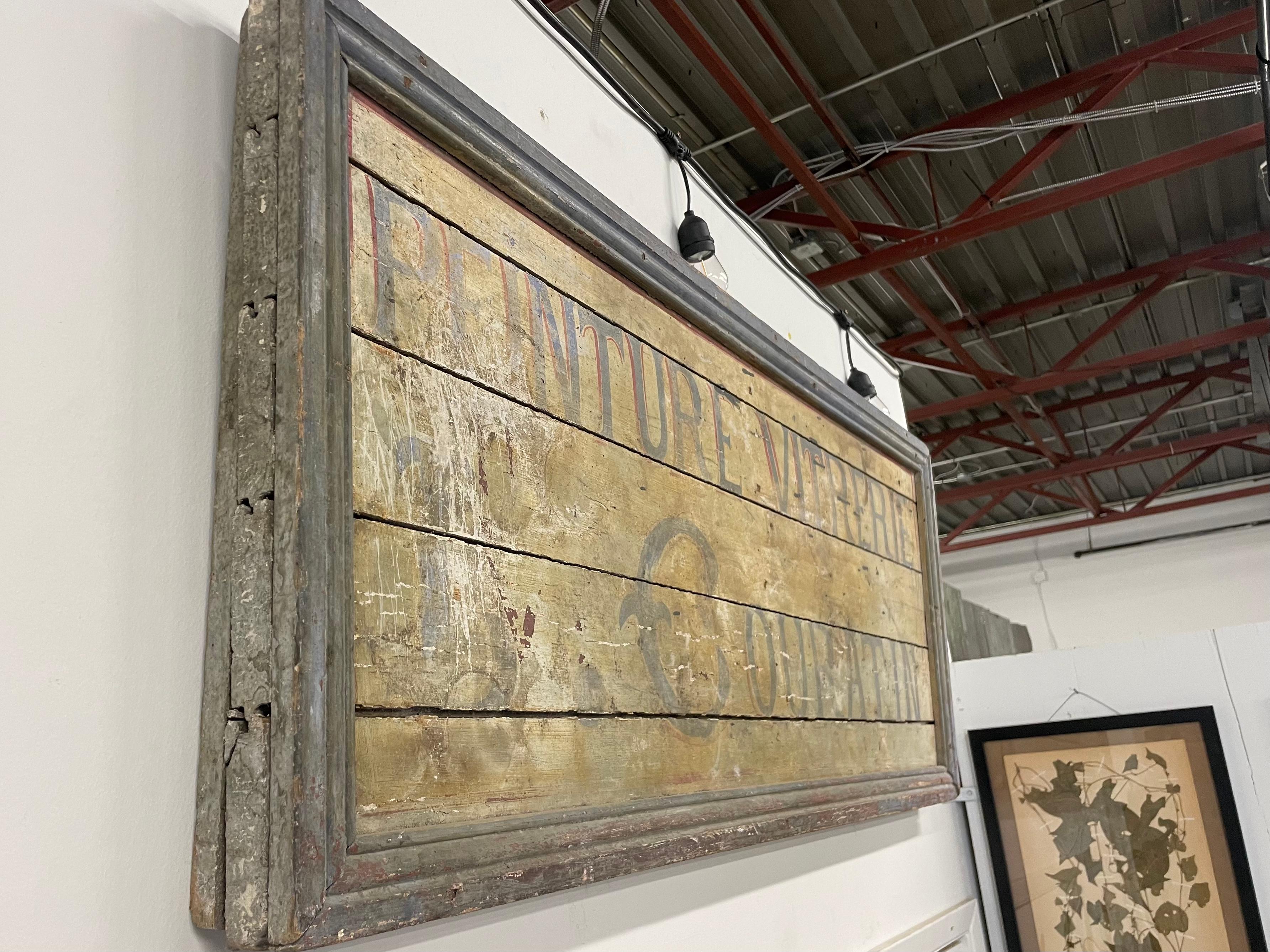 Wood Antique French Penture Vitrerie (Painter and Glazing) Advertising Sign
