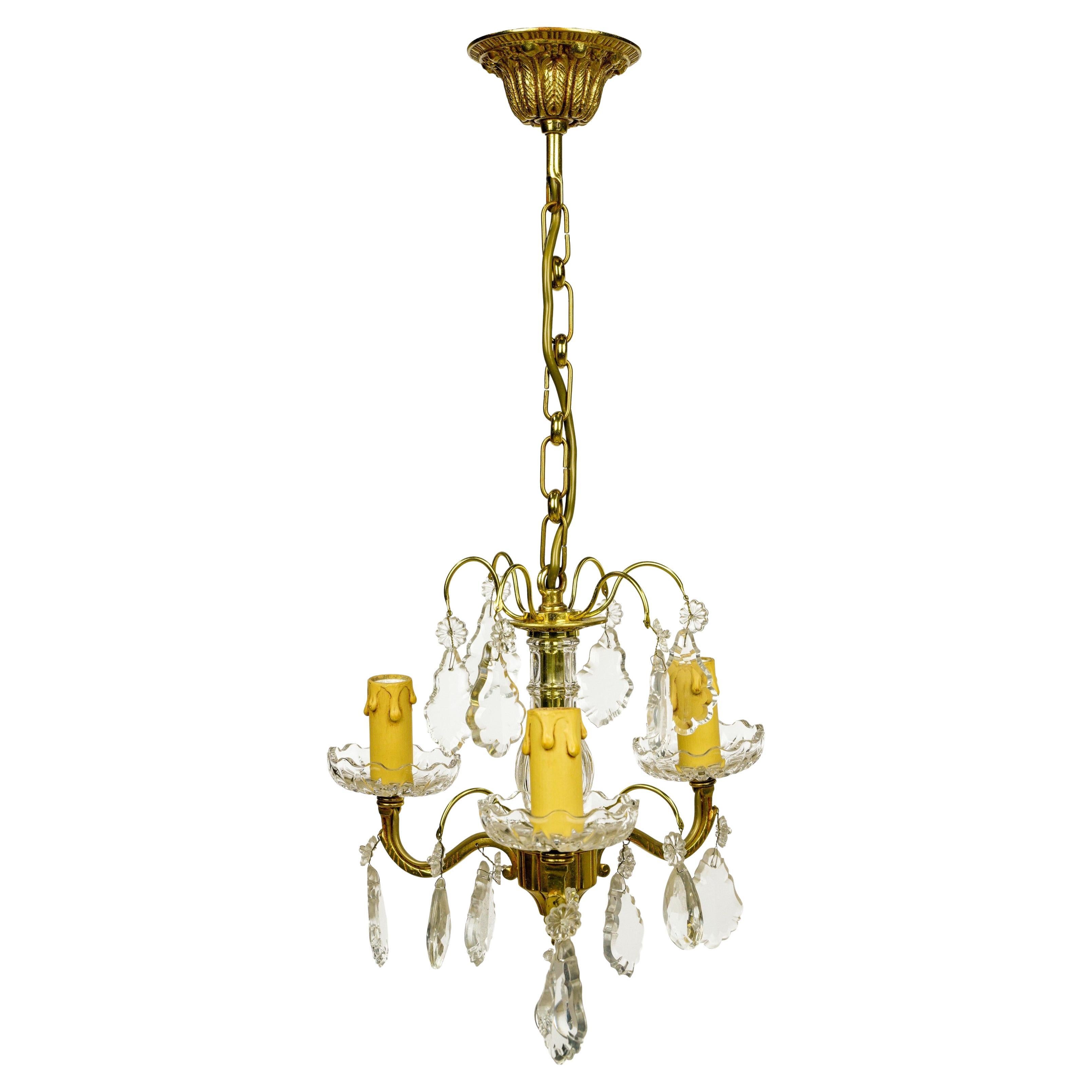 Antique French Petite 3 Arm Bronze & Crystal Chandelier