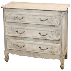 Antique French Petite Bleached Three-Drawer Dresser with Carved Drawers