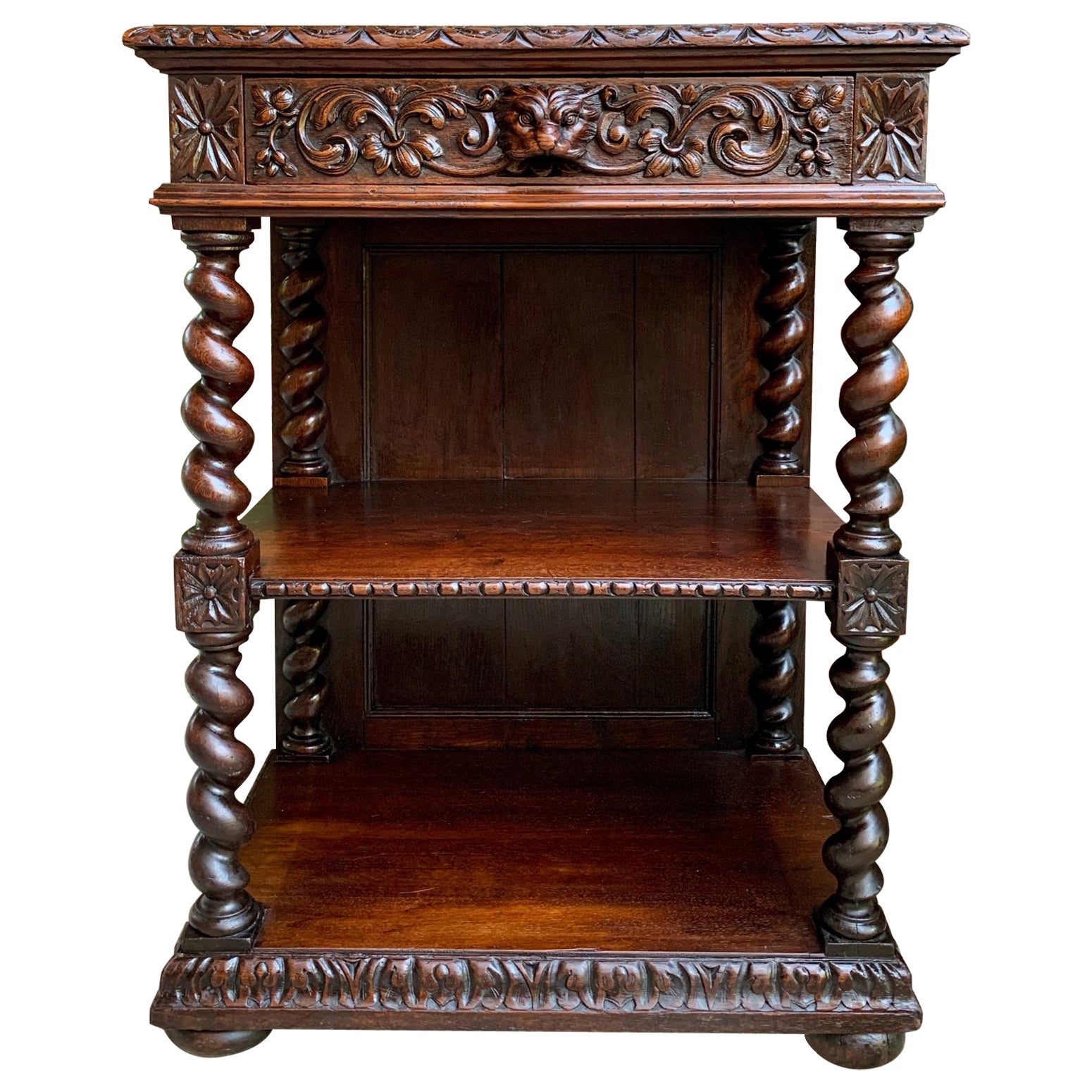 Antique French Petite Bookcase Server Barley Twist Louis XIII Roble tallado c1890