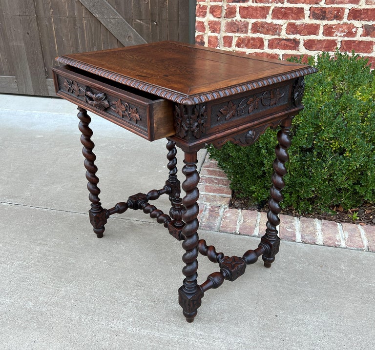 Antique French Petite Desk Writing Table with Drawer Oak Barley Twist