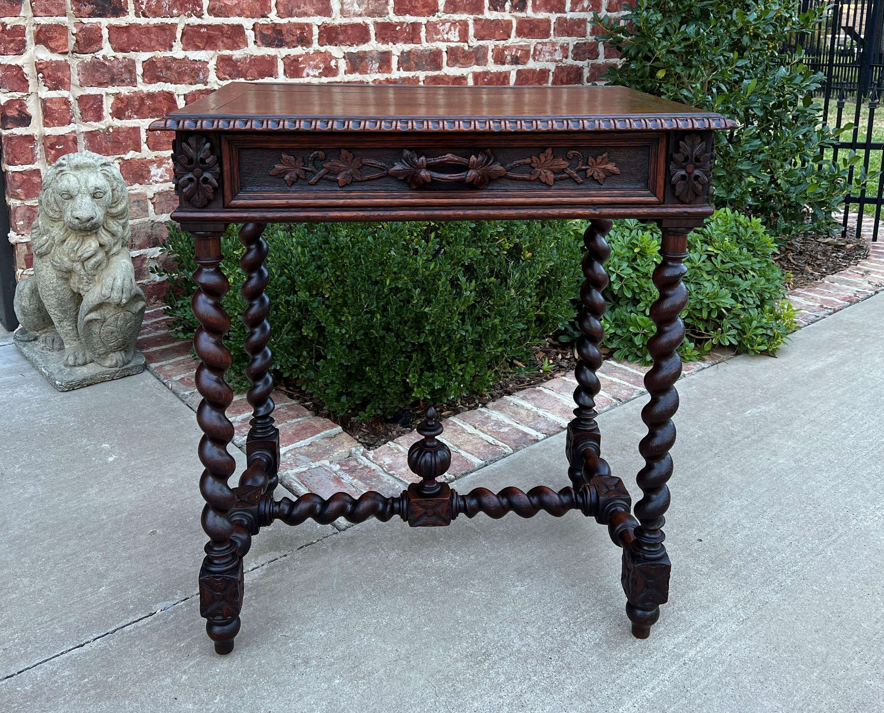 Beautiful 19th century antique petite French oak renaissance revival desk or table with drawer, barley twist legs, stretcher and up finial.
~~c. 1880s 

With so many people working from home now, DESKS have become our most often requested items