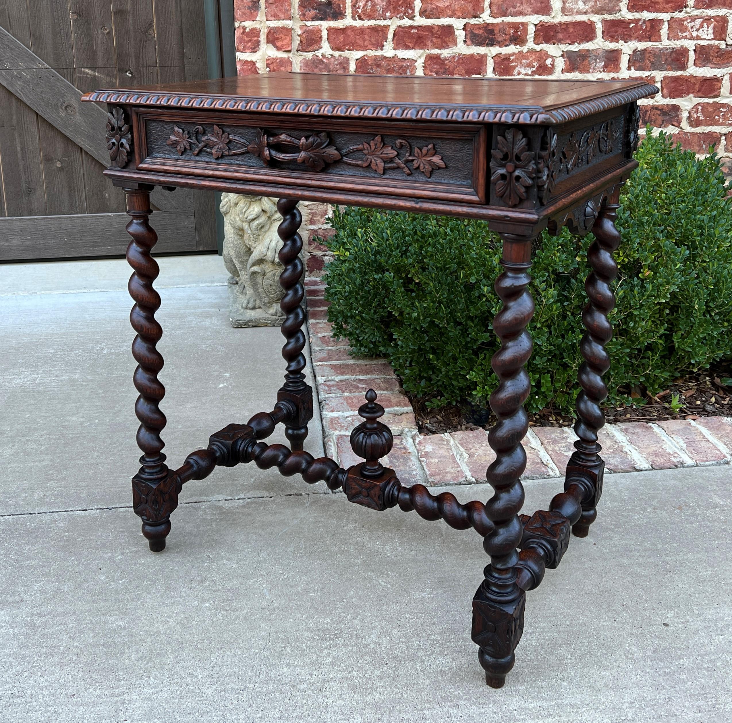 Renaissance Revival Antique French Petite Desk Writing Table with Drawer Oak Barley Twist Nightstand