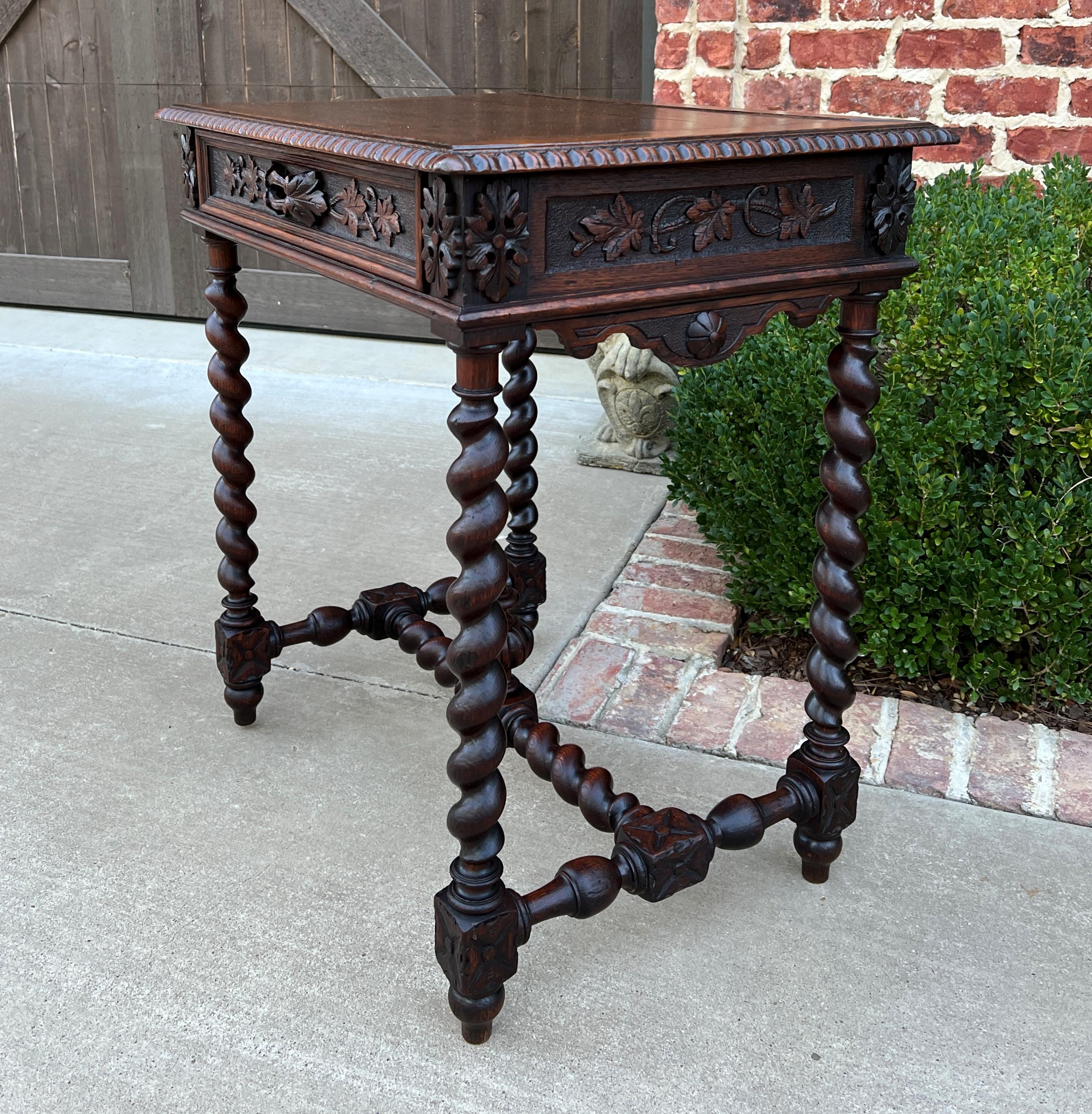 Carved Antique French Petite Desk Writing Table with Drawer Oak Barley Twist Nightstand
