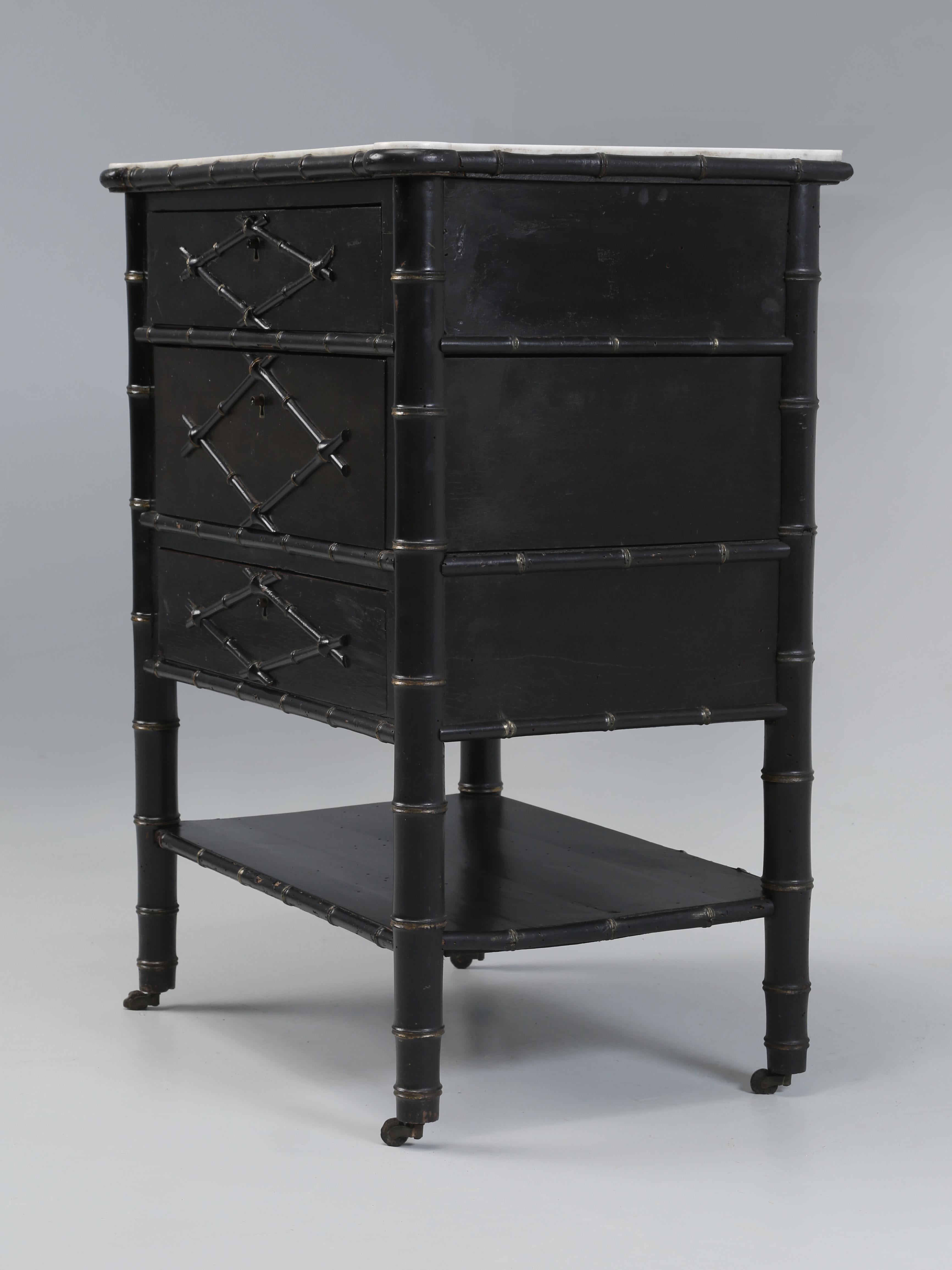 Antique French Petite Dresser, Commode, or Night Stand in a classic Faux Bamboo style, however what sets this particular small cabinet apart is the attention to the smallest details. The quality is exemplified by the act that it’s actually made out