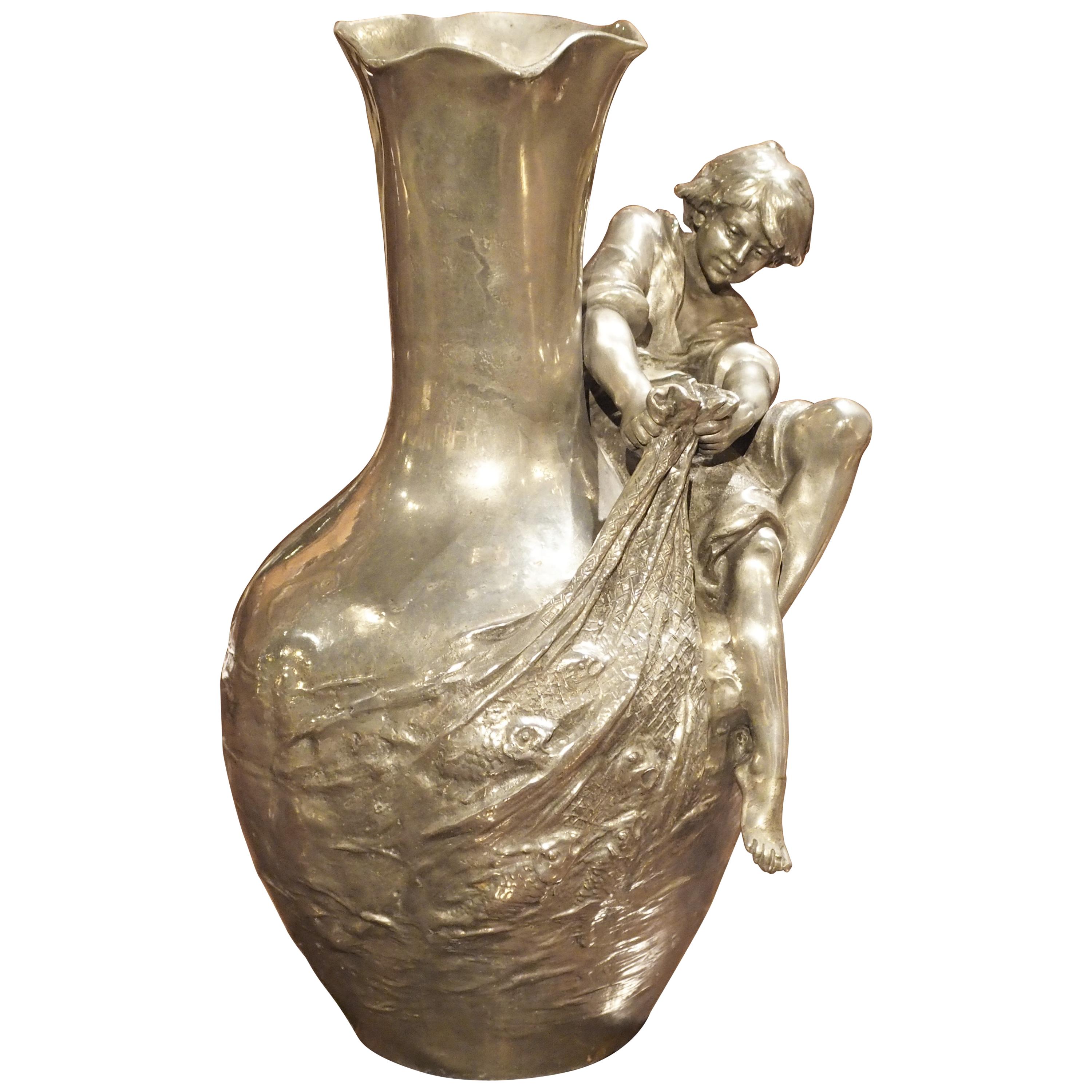 Antique French Pewter Art Nouveau Vase by Auguste Moreau