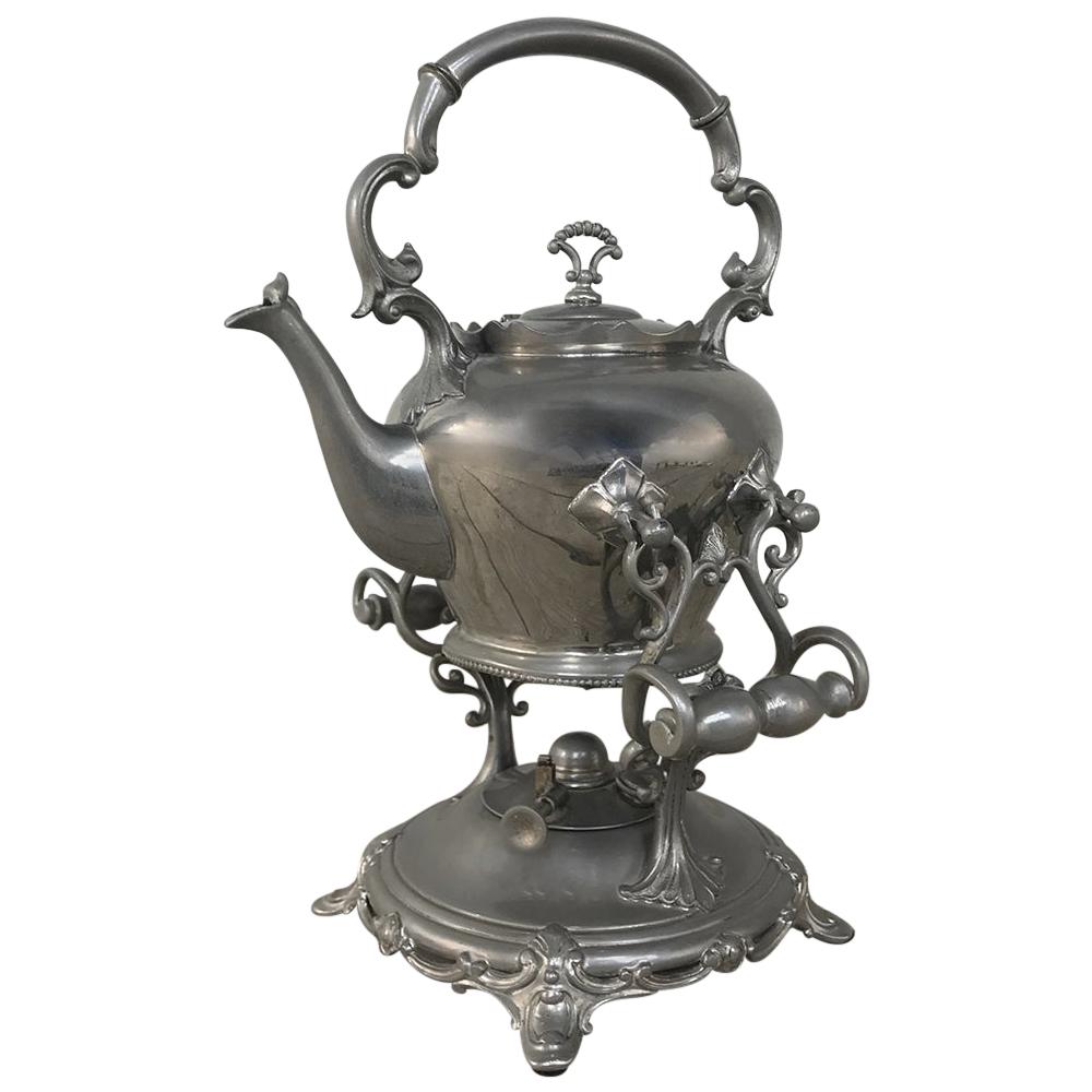 Antique French Pewter Teapot with Warming Cradle For Sale at 1stDibs
