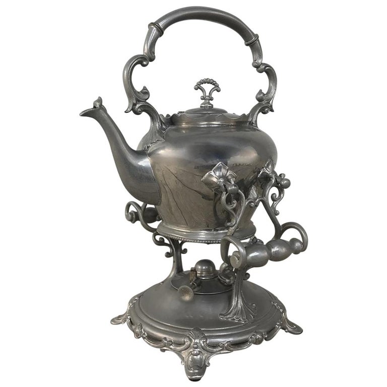 Antique French Pewter Teapot with Warming Cradle For Sale at 1stDibs