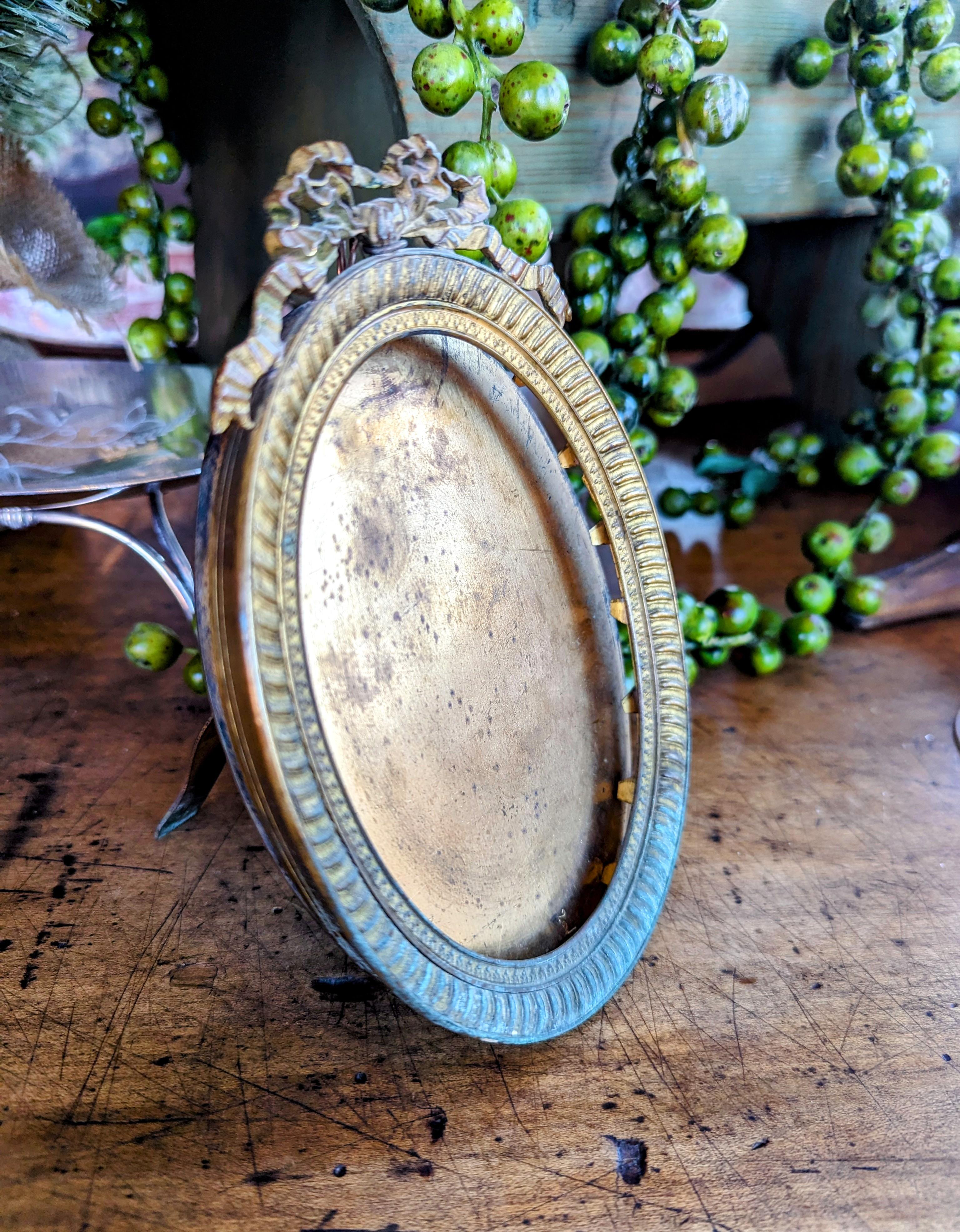 19th Century Antique French Photo Frame Bronze Oval Ribbons & Bows Louis XVI Style For Sale