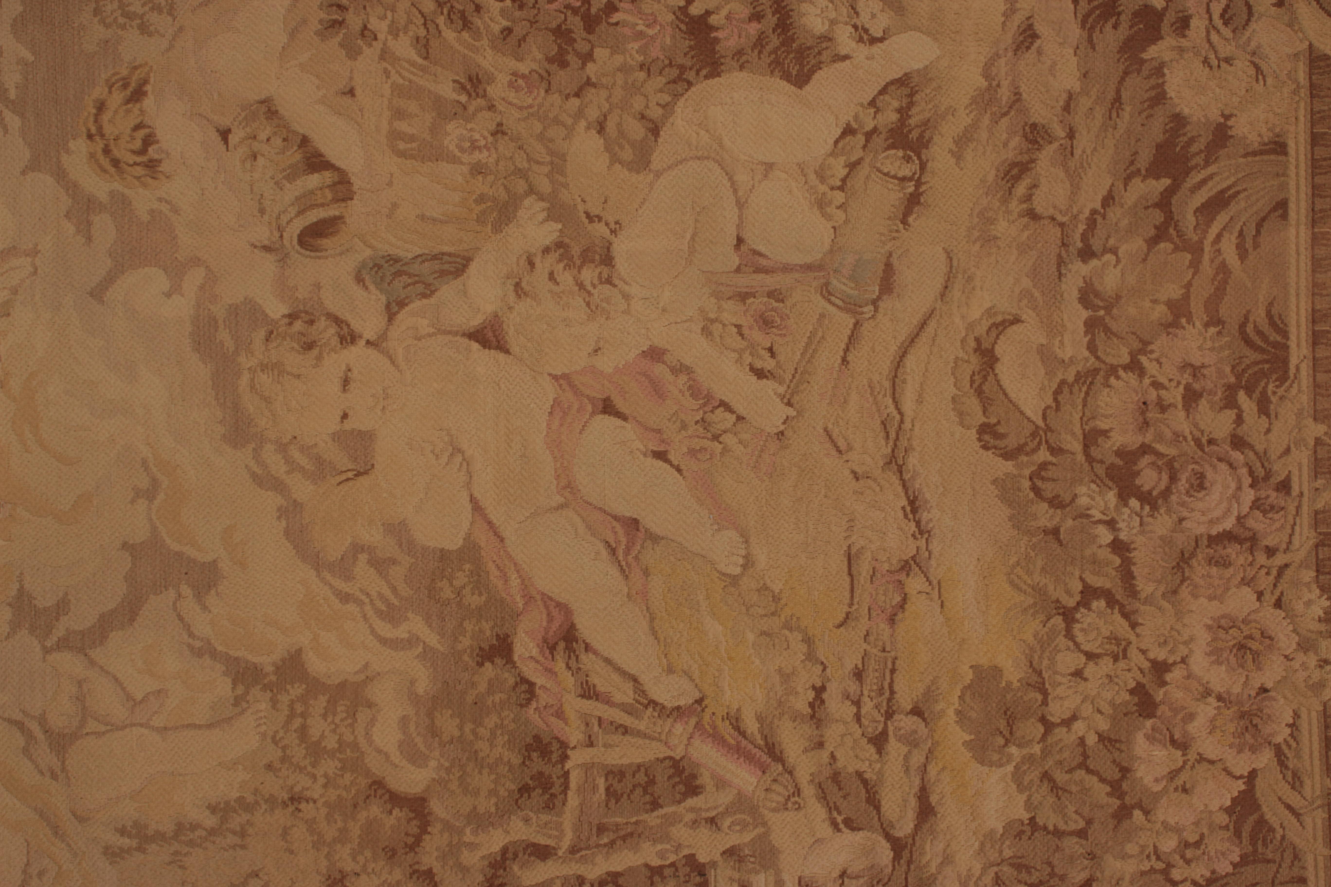 Noué à la main Tapis pictural français ancien en laine beige crème de Rug & Kilim en vente