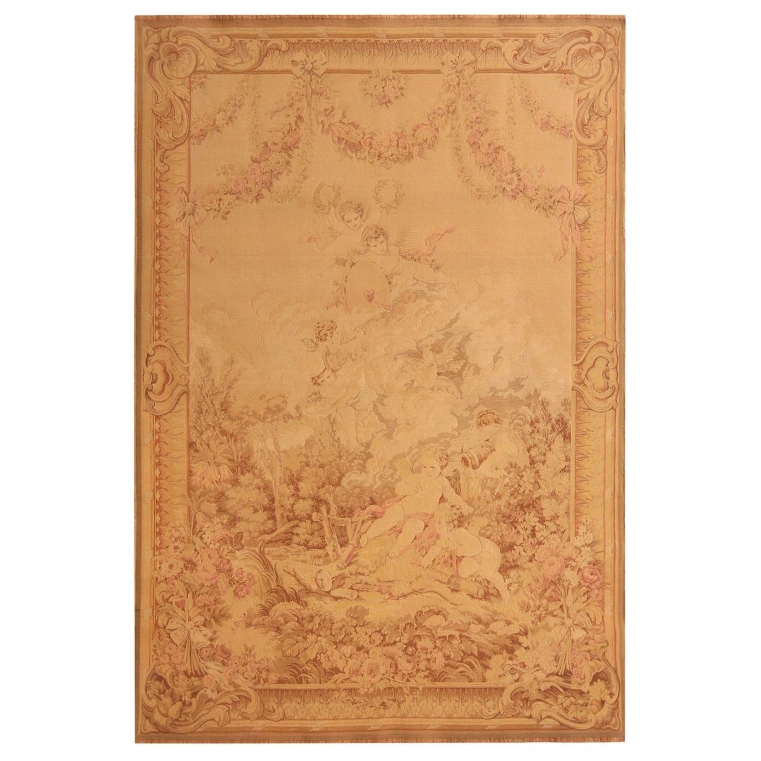 Antiker französischer malerischer creme-beigefarbener Teppich aus Wolle von Teppich & Kelim