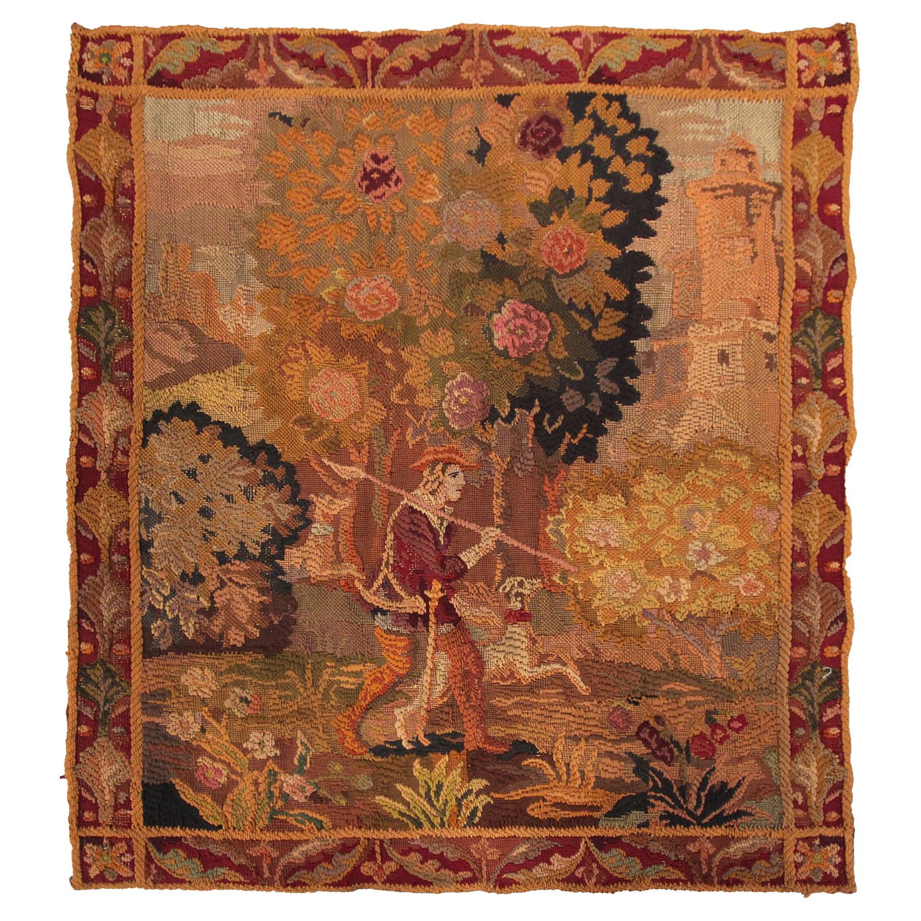 Antique French Pictorial Tapestry 96cm×112cm Medieval 3×4 Hunting Scene c.1920