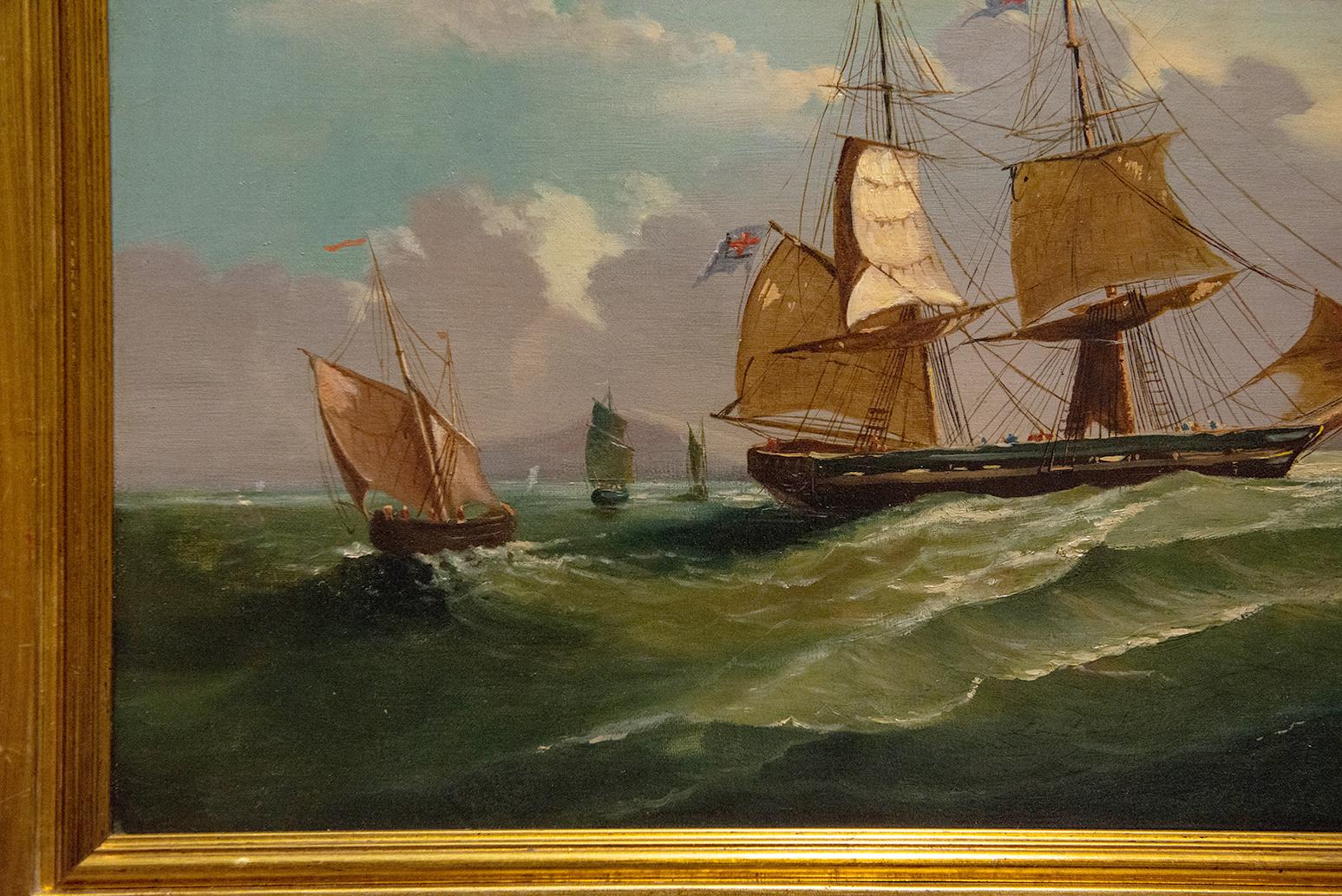 Beaux Arts Antique French Painting Marine Waves with Sails