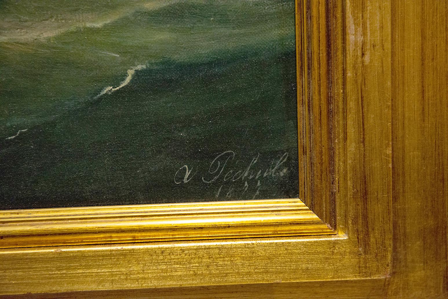 Antique French Painting Marine Waves with Sails In Fair Condition In Alessandria, Piemonte