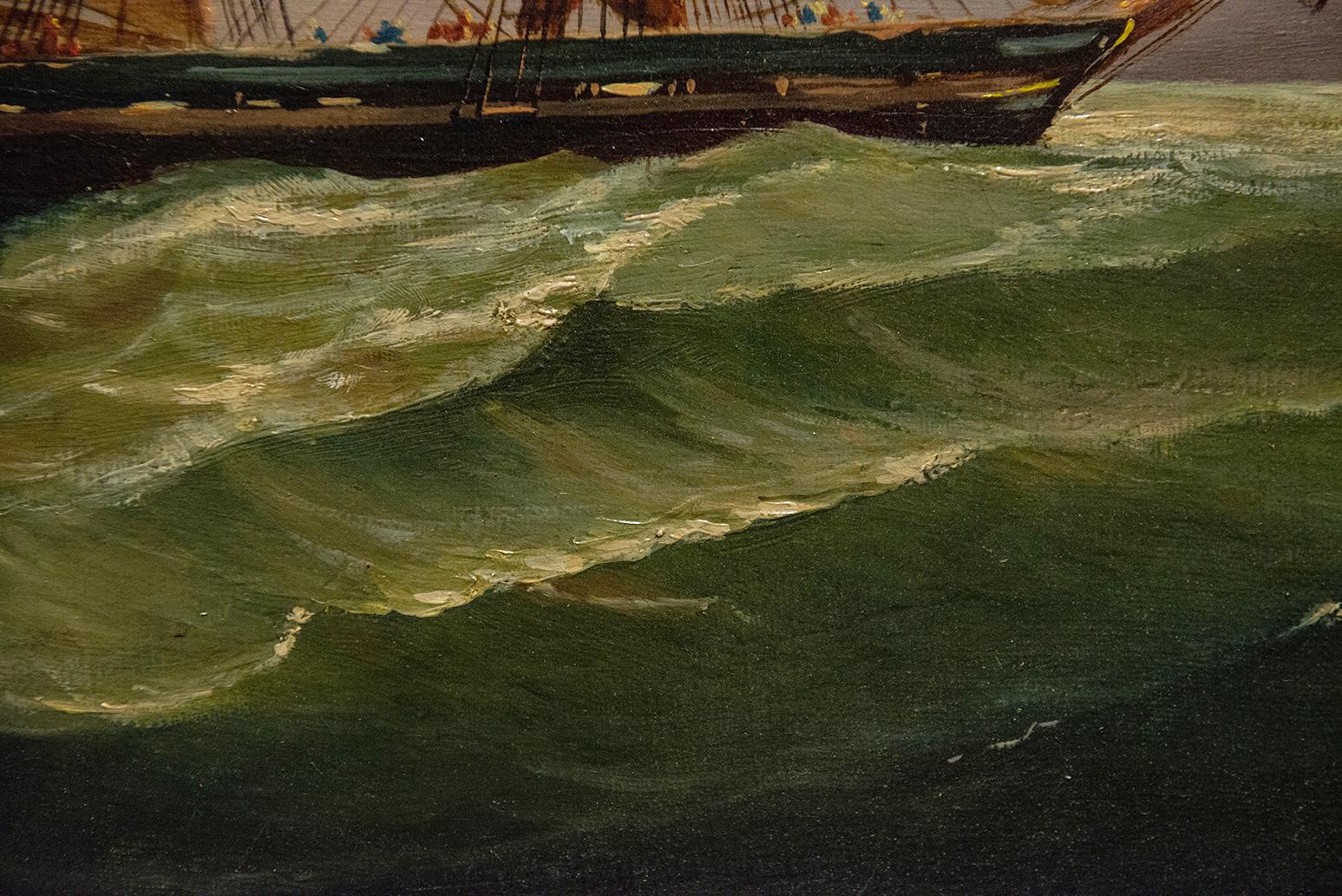 19th Century Antique French Painting Marine Waves with Sails
