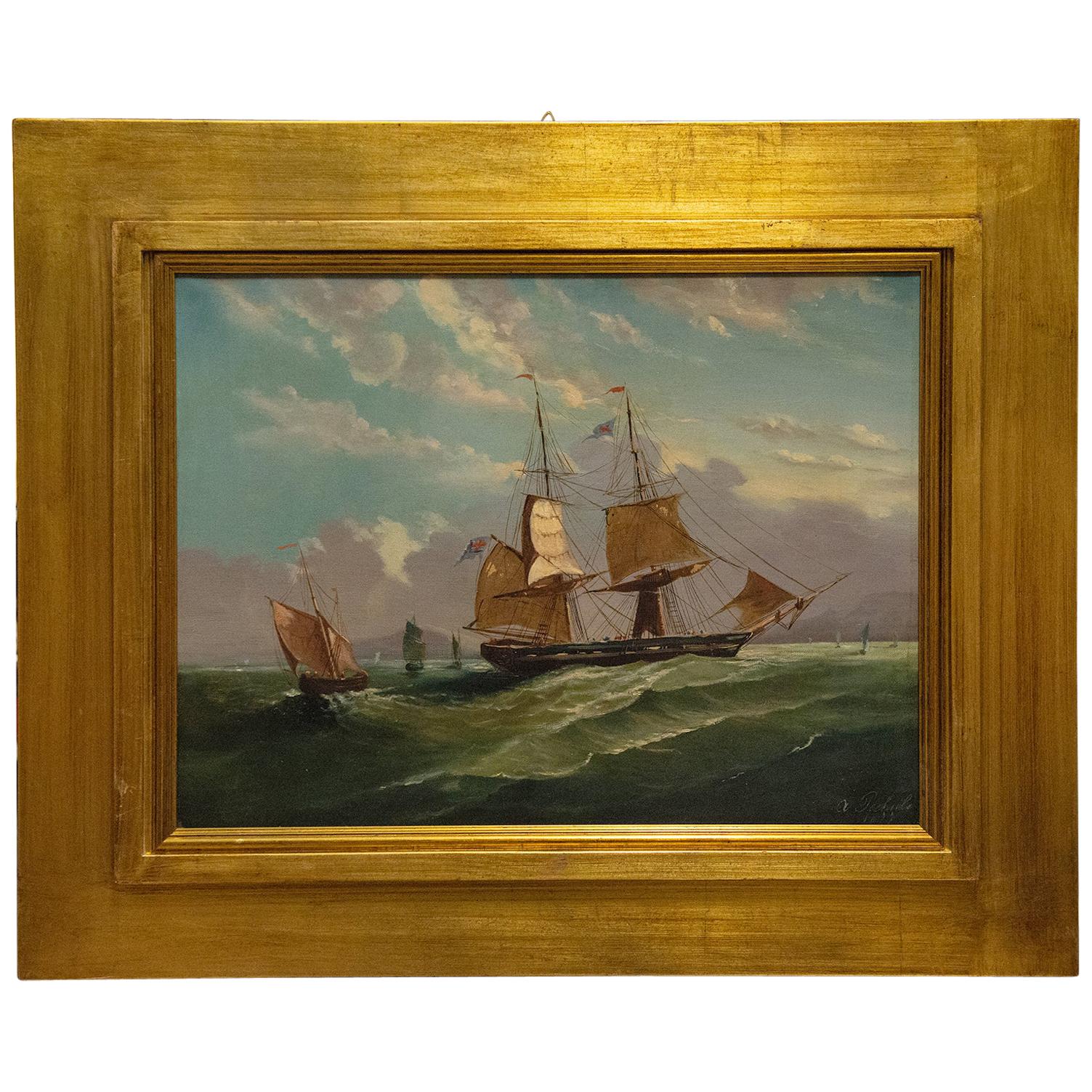 Antique French Painting Marine Waves with Sails