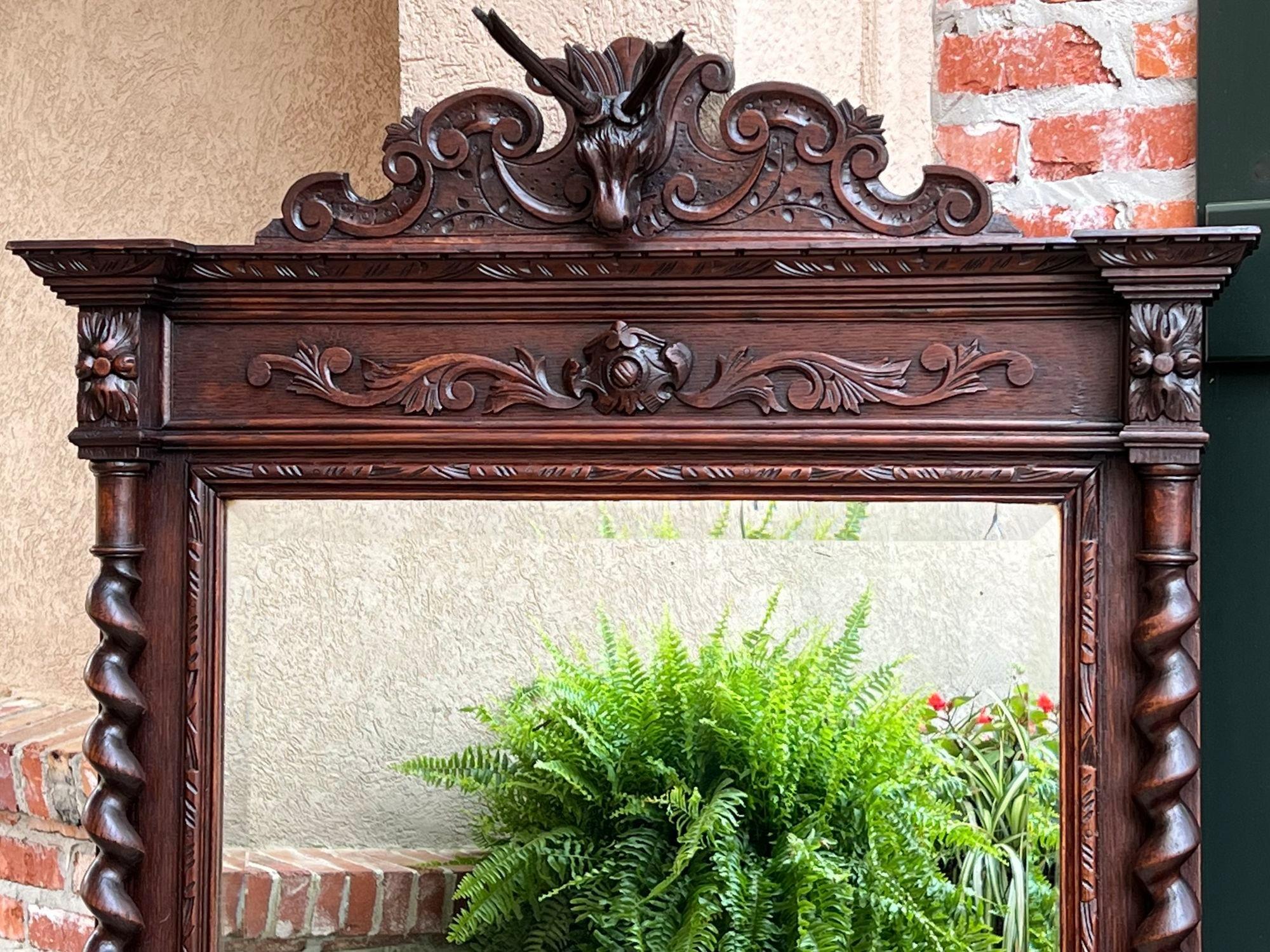 Antique French Pier Mantel Wall Mirror Black Forest Barley Twist Carved Stag For Sale 8