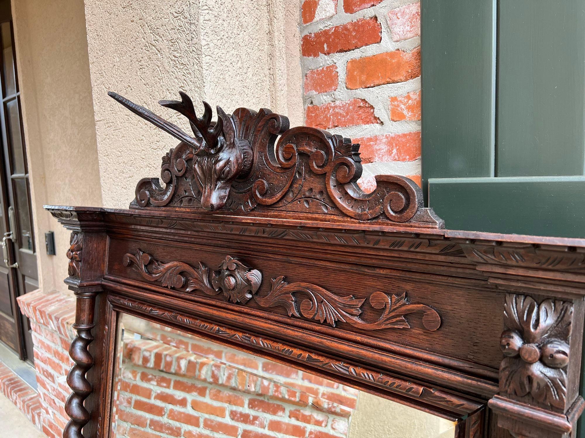 Antique French Pier Mantel Wall Mirror Black Forest Barley Twist Carved Stag For Sale 9