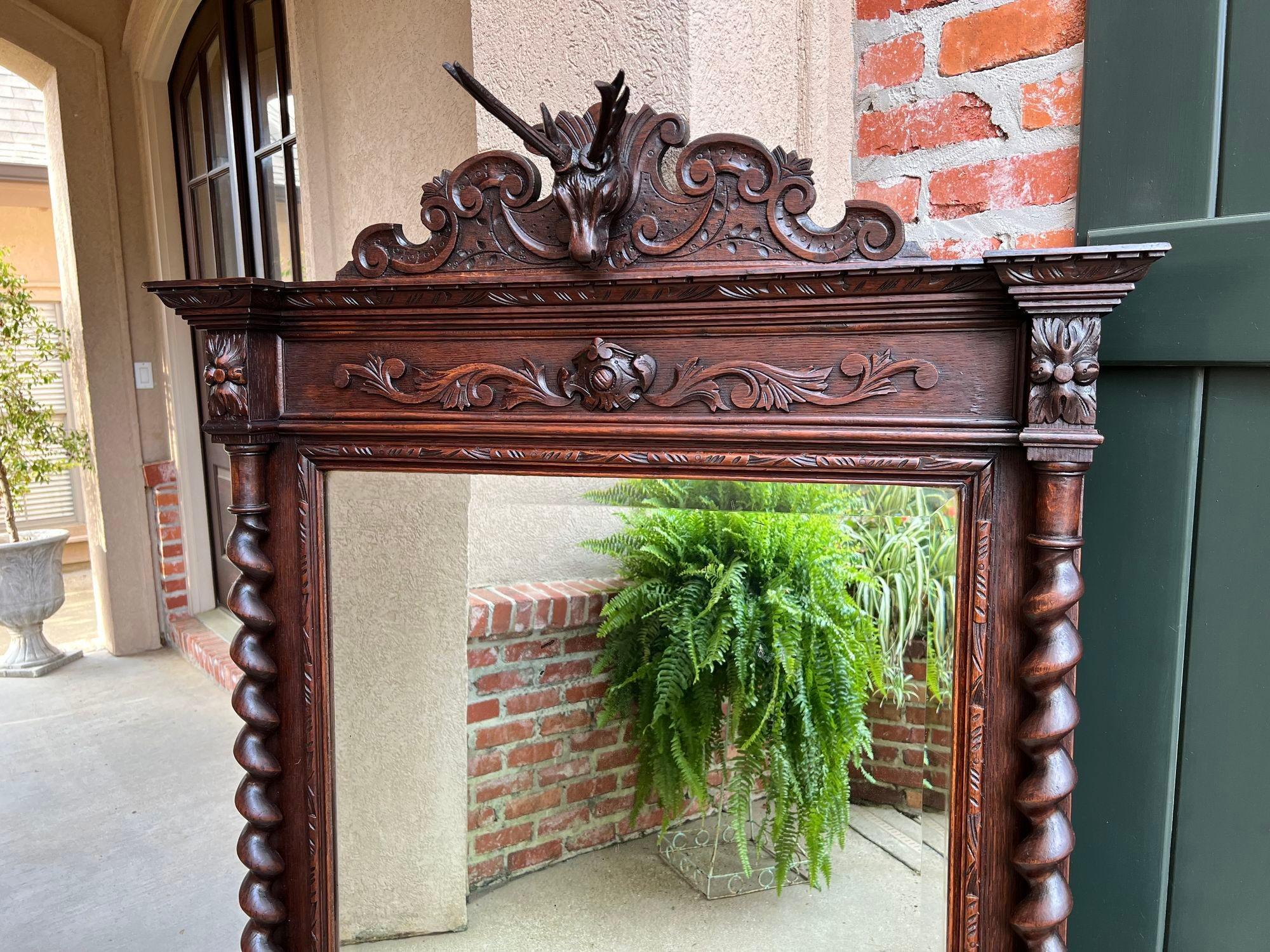 Renaissance Antique French Pier Mantel Wall Mirror Black Forest Barley Twist Carved Stag For Sale