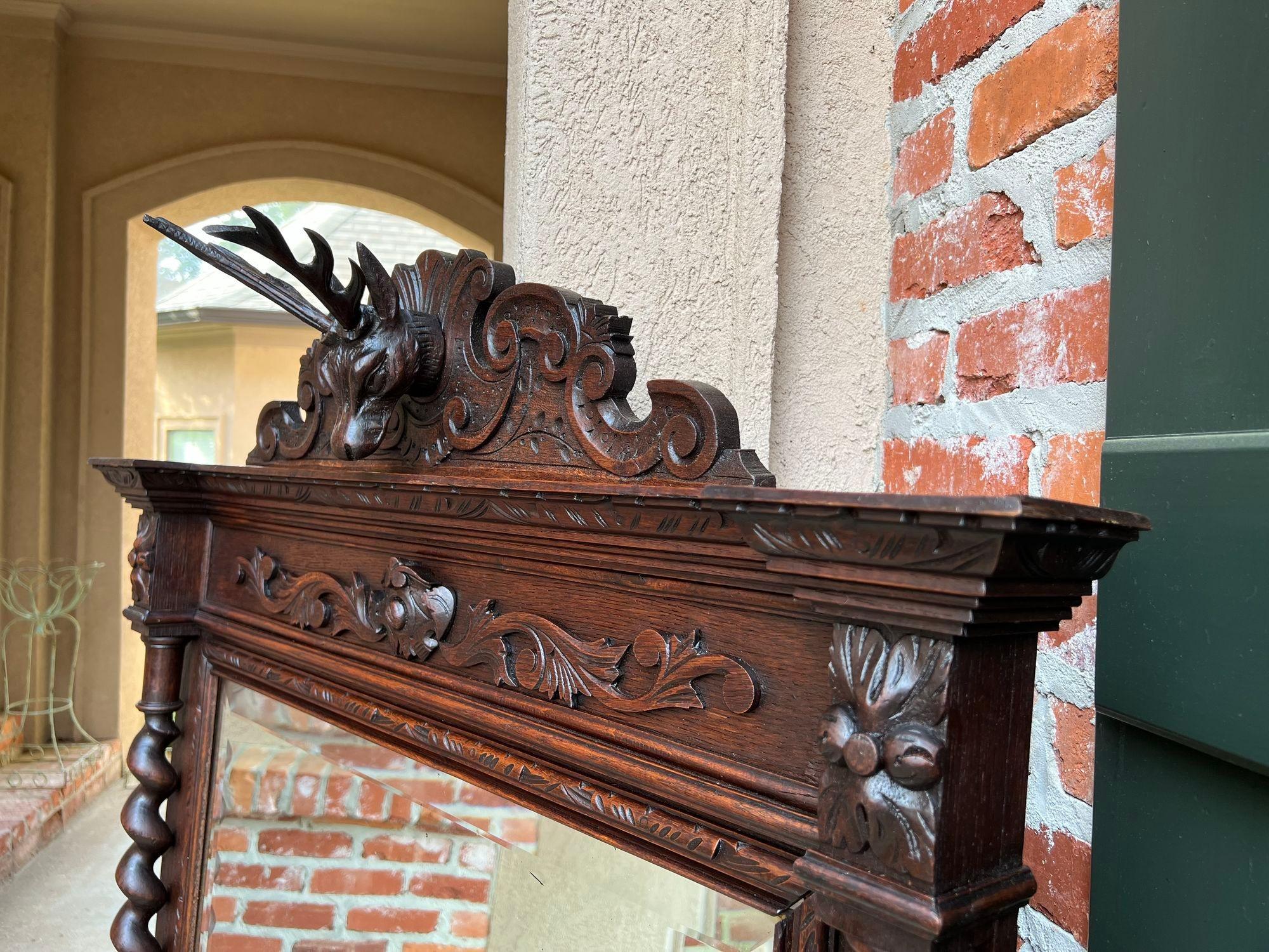 Antique French Pier Mantel Wall Mirror Black Forest Barley Twist Carved Stag For Sale 1