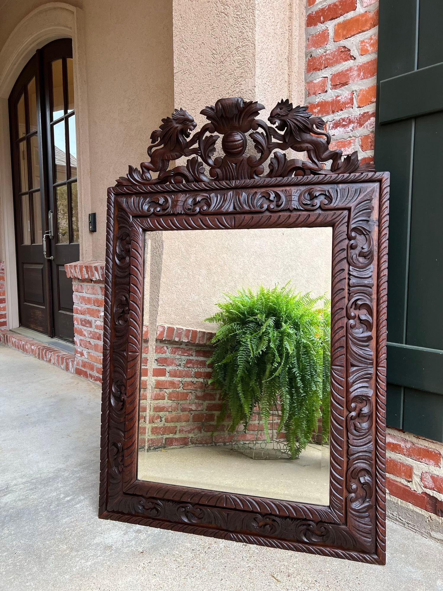 Antique French Pier Wall Mirror Renaissance Black Forest Lion Crest Carved Oak For Sale 7