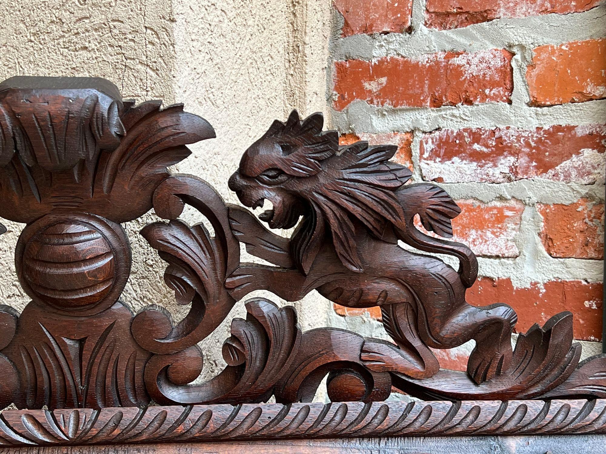 Antique French Pier Wall Mirror Renaissance Black Forest Lion Crest Carved Oak For Sale 10