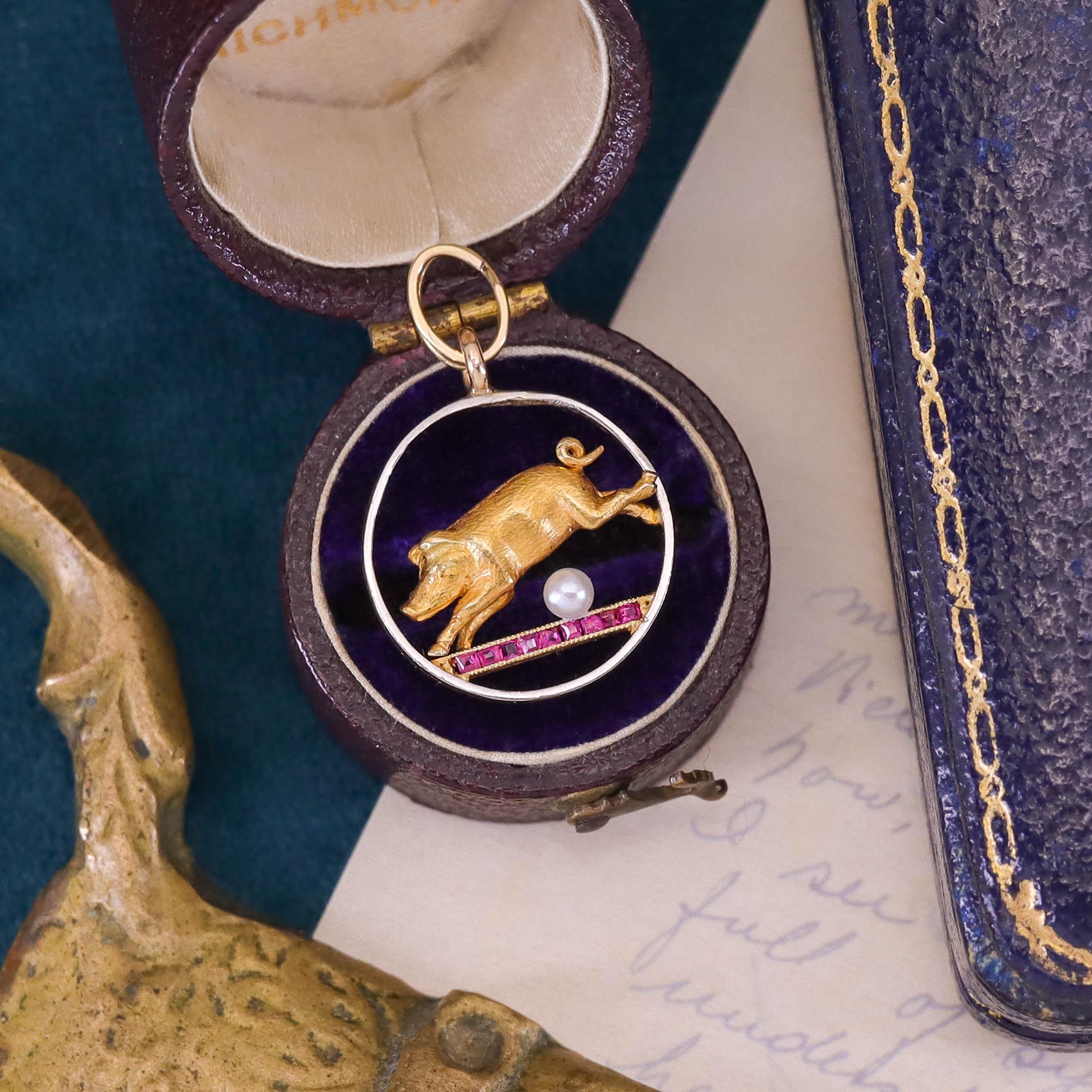 Women's Antique French Pig Charm of 18k & Platinum For Sale