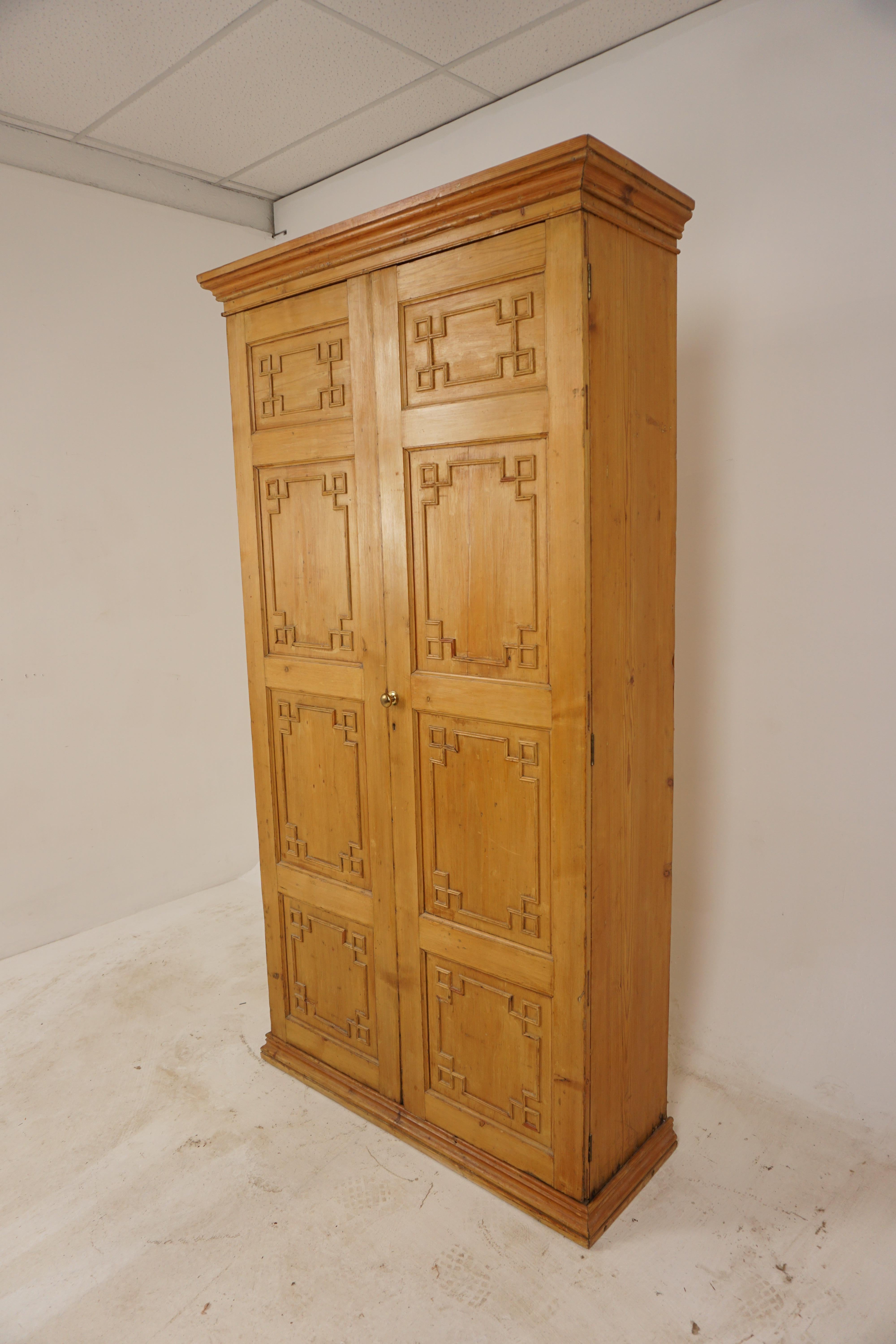 Antique French pine armoire, wardrobe closet, France 1880, B2879A

France 1880
Solid Pine
Original finish
Moulded cornice on top.
Pair of paneled doors.
Open to reveal three adjustable shelves. (two original)
Brass knob
All standing on a plinth