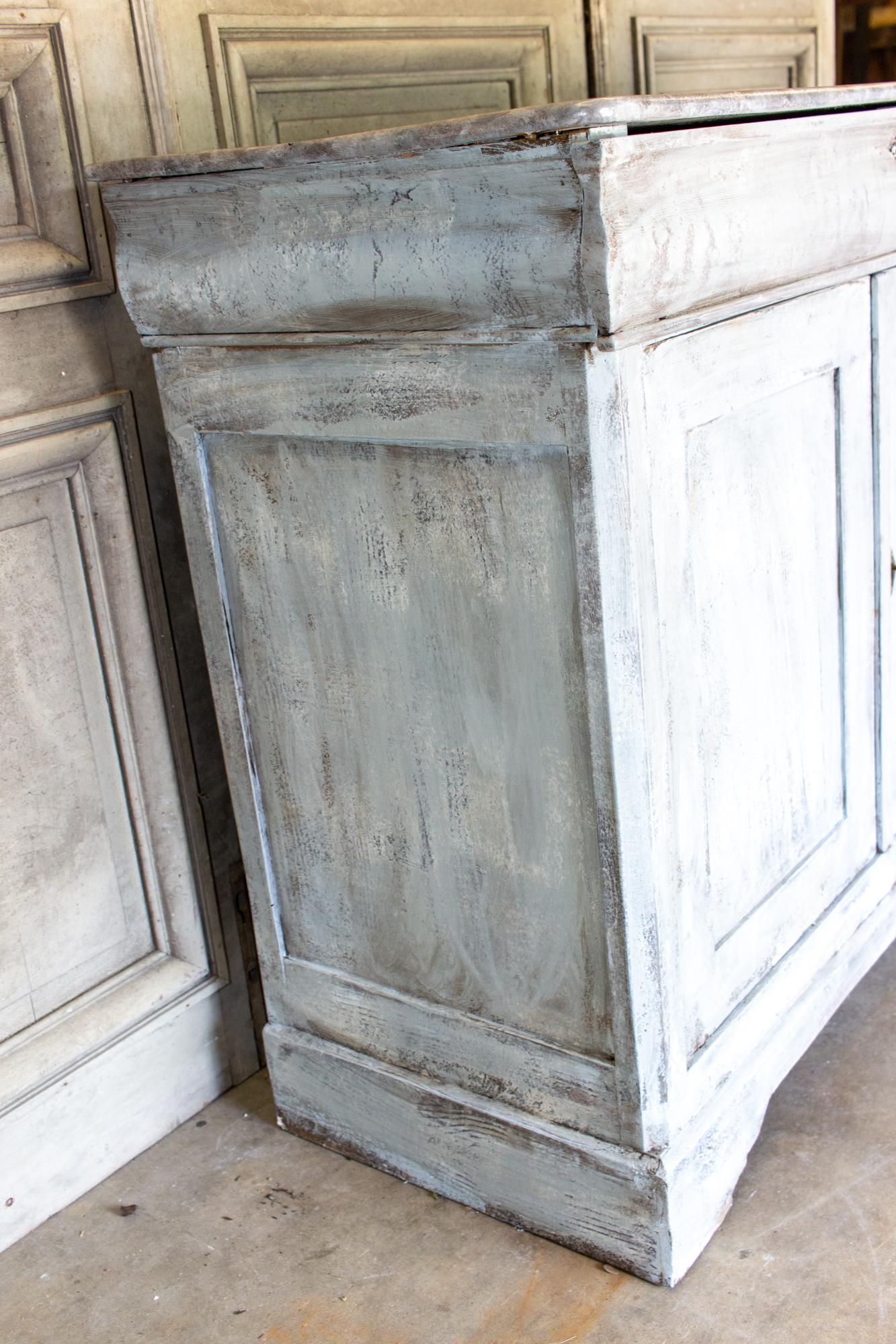 Country Antique French Pine Buffet in Hand-Painted Distressed Greige Finish