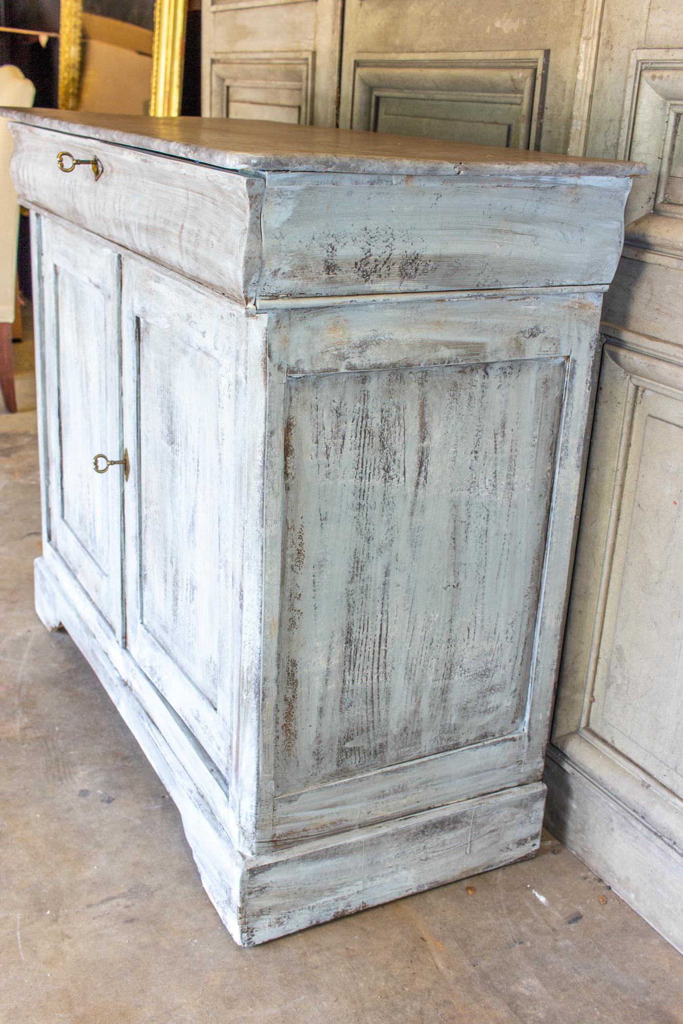 Antique French Pine Buffet in Hand-Painted Distressed Greige Finish In Good Condition In Houston, TX