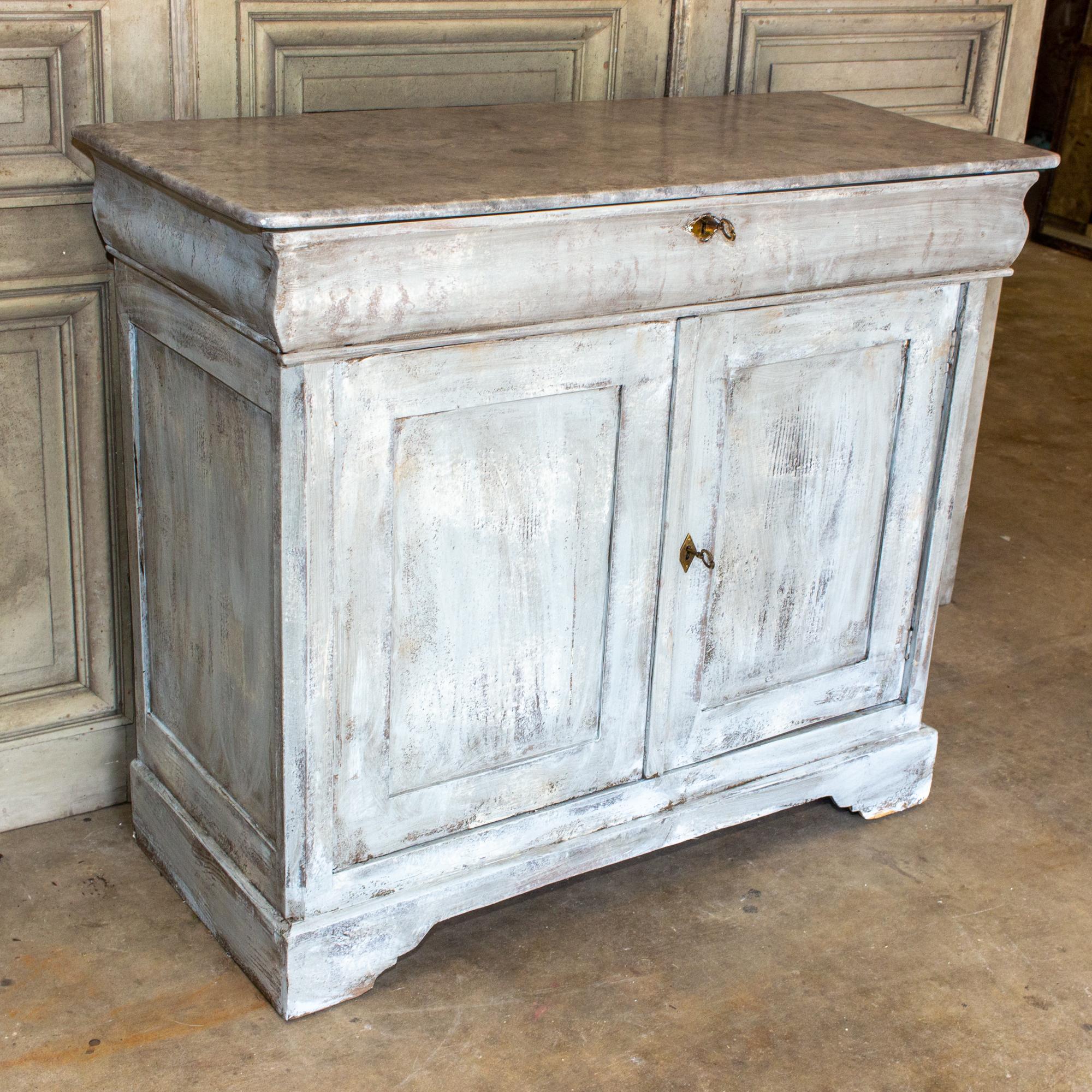 20th Century Antique French Pine Buffet in Hand-Painted Distressed Greige Finish