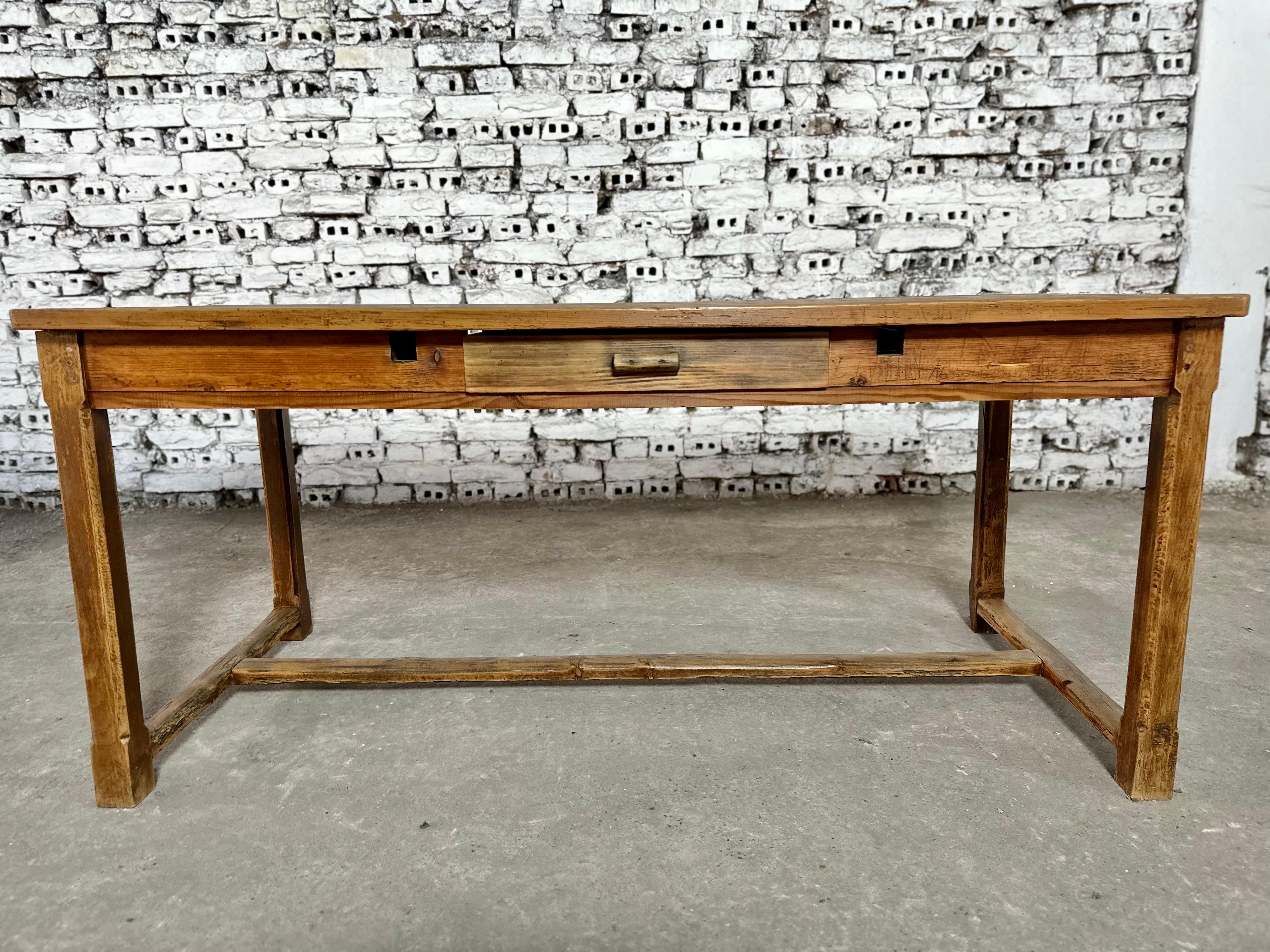20th Century Antique French Pine Farmhouse Dining or Writing Table W Single Drawer