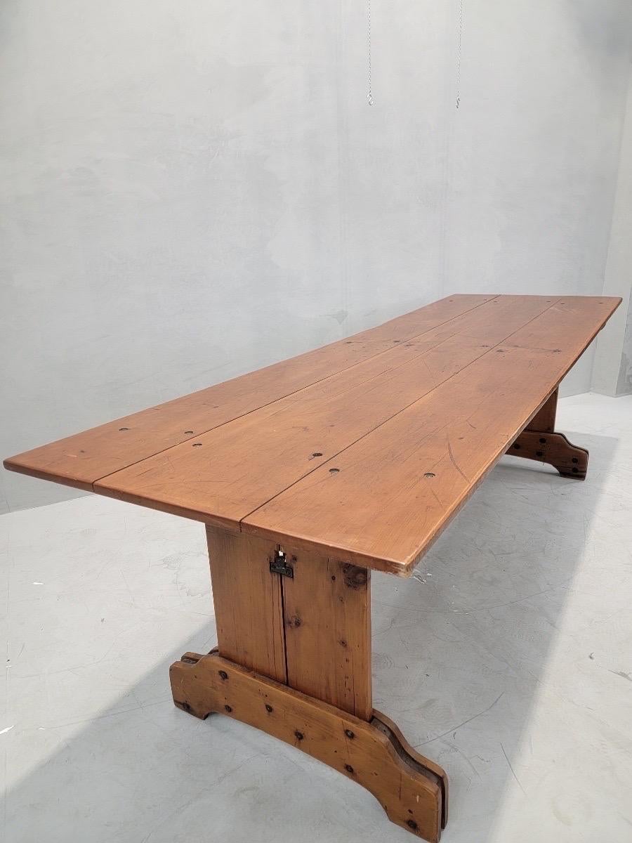 Antique French Pine Plank Trestle Farm Table In Good Condition For Sale In Chicago, IL