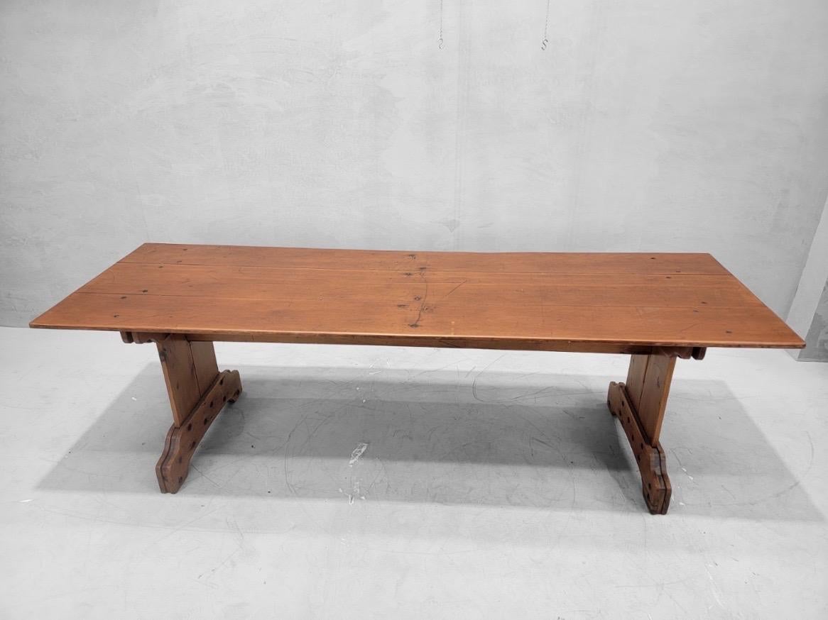 Antique French Pine Plank Trestle Farm Table For Sale 4