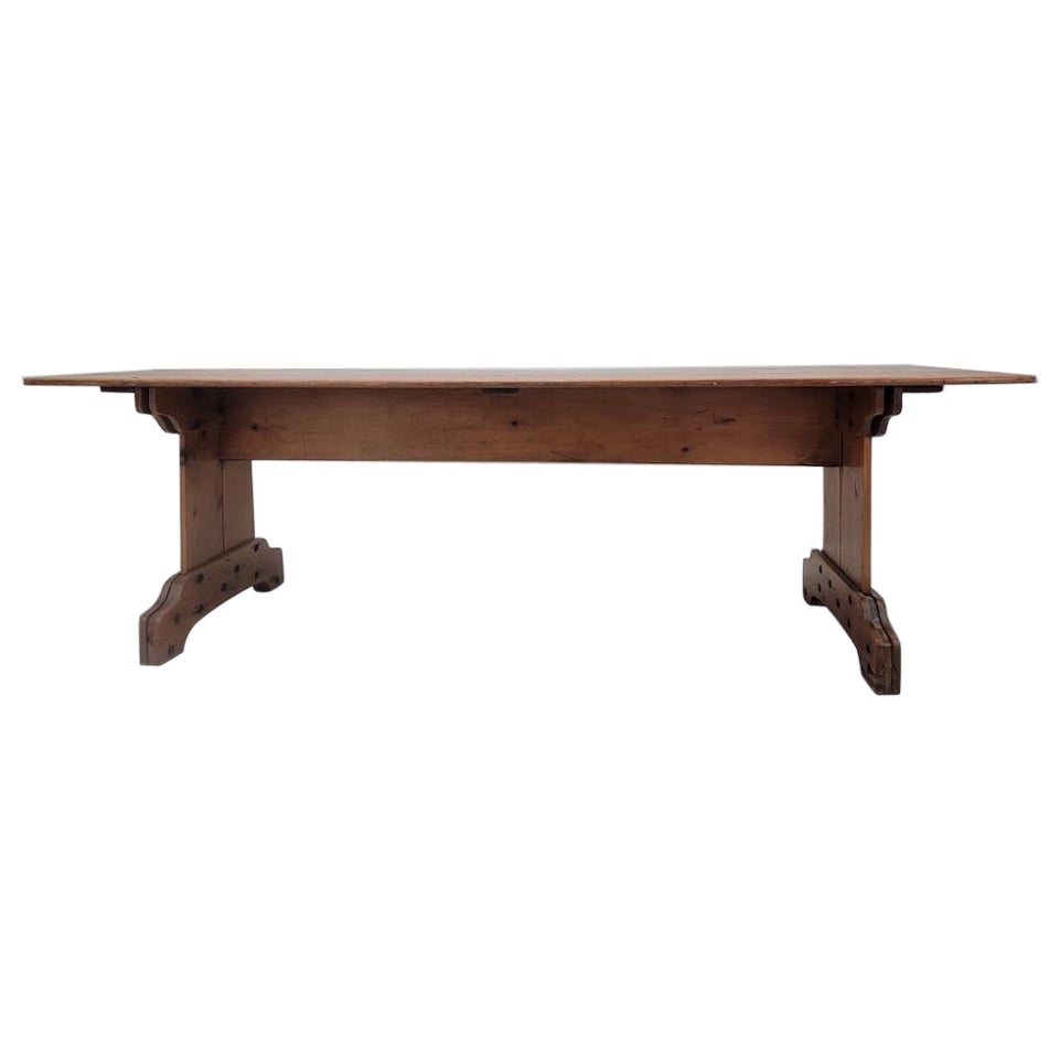 Antique French Pine Plank Trestle Farm Table