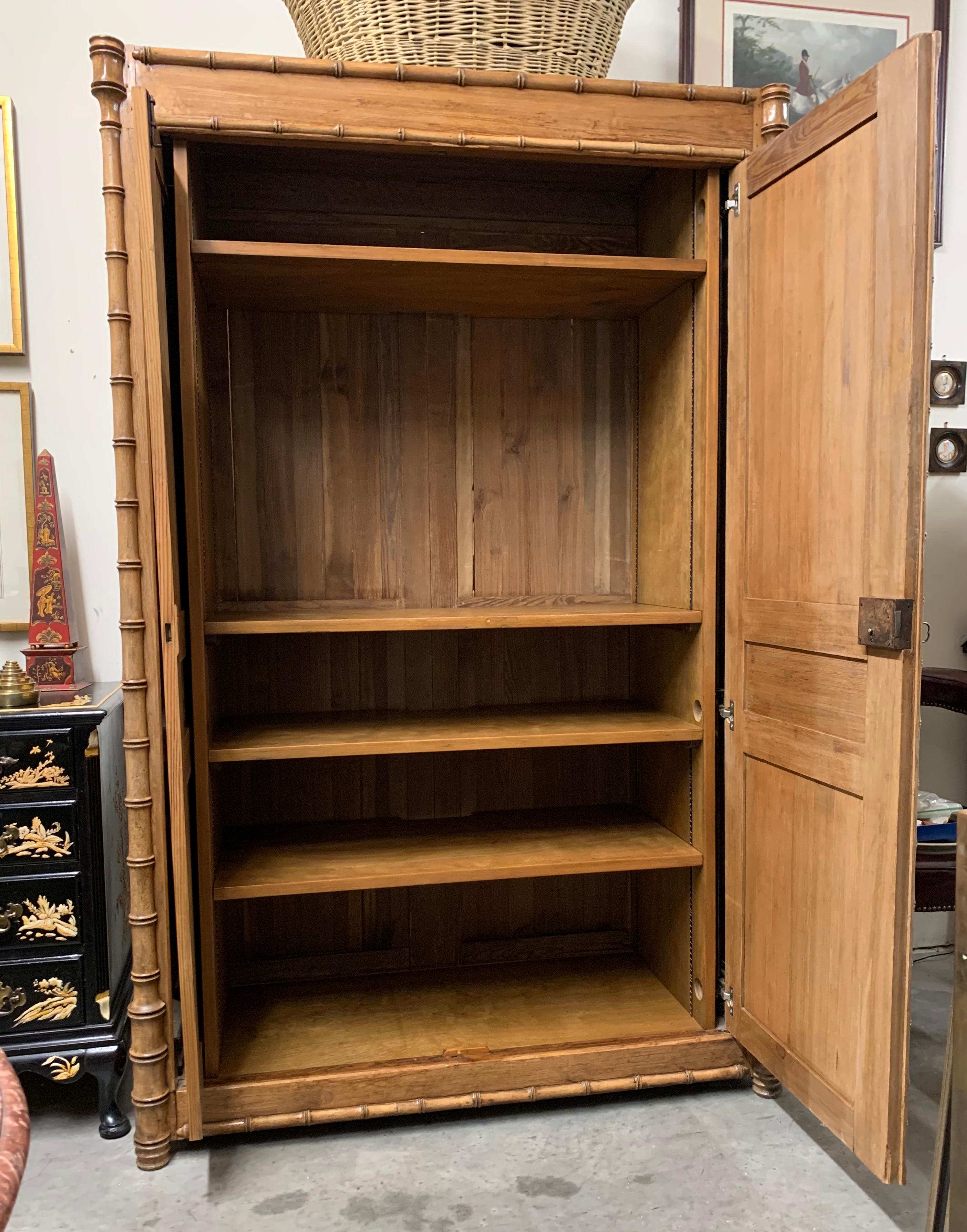 French Provincial Antique French Pine Two-Door Armoire with Faux Bamboo Carved Motif