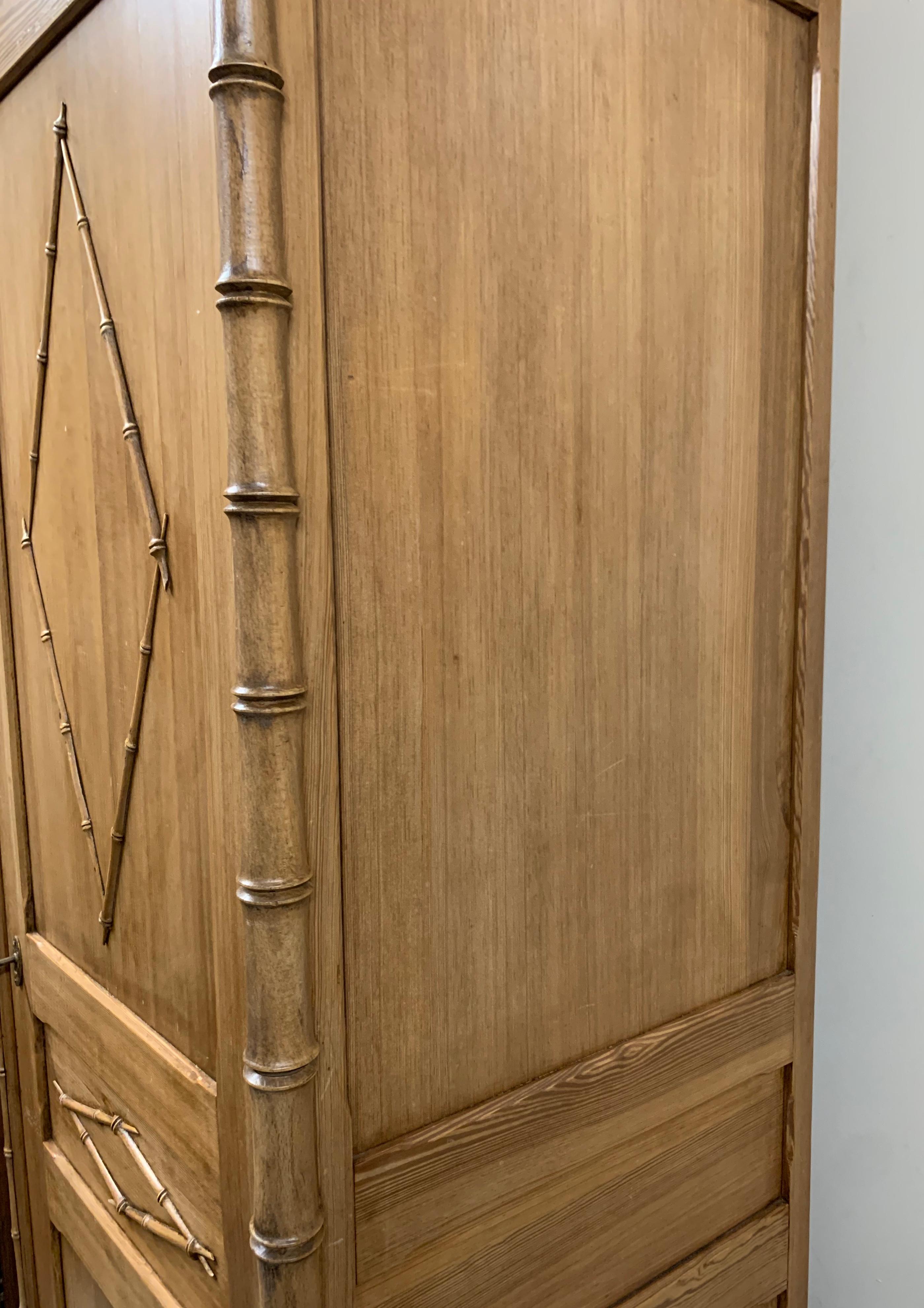Antique French Pine Two-Door Armoire with Faux Bamboo Carved Motif 3