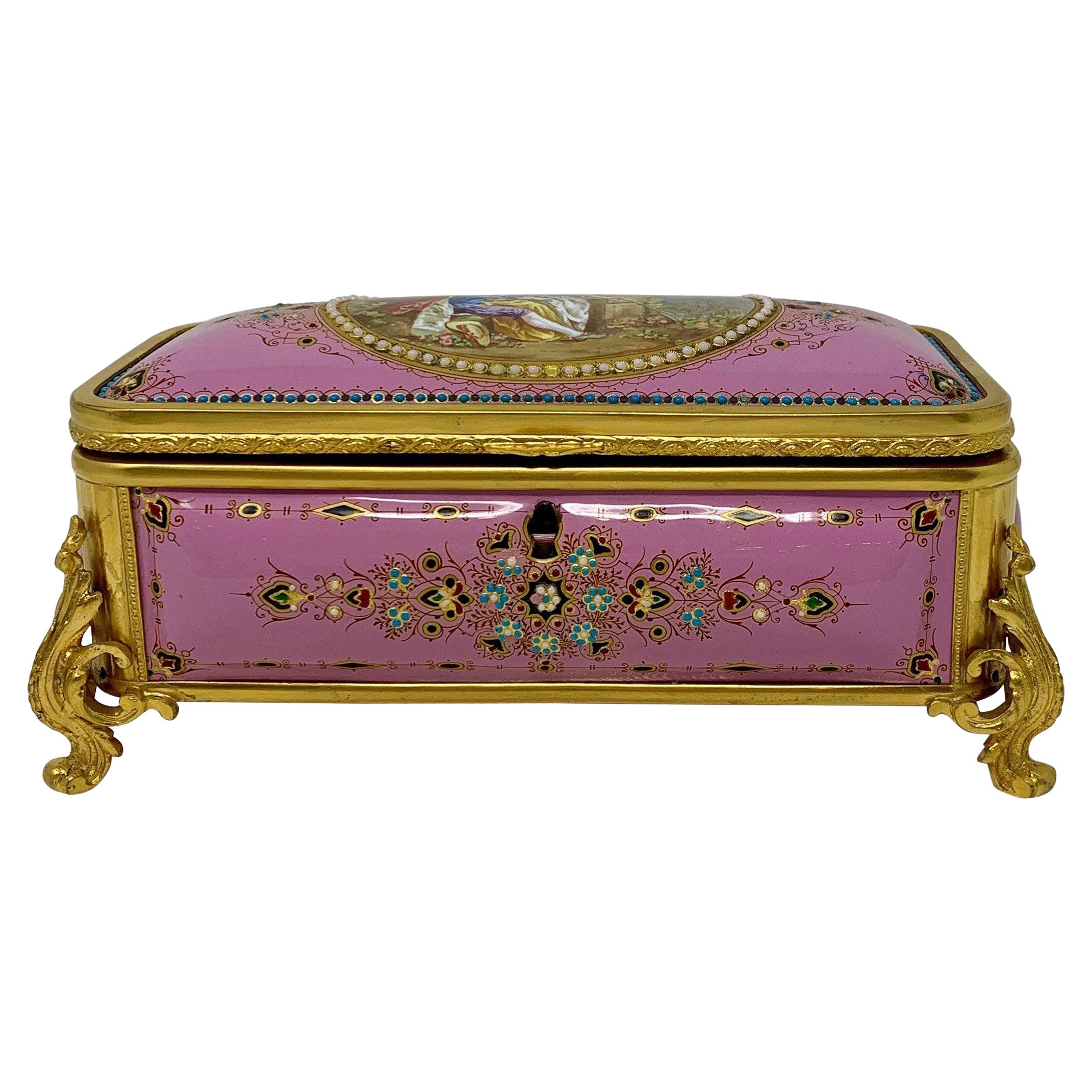 Antike französische rosa emaillierte Goldbronze-Schachtel, um 1860-1870